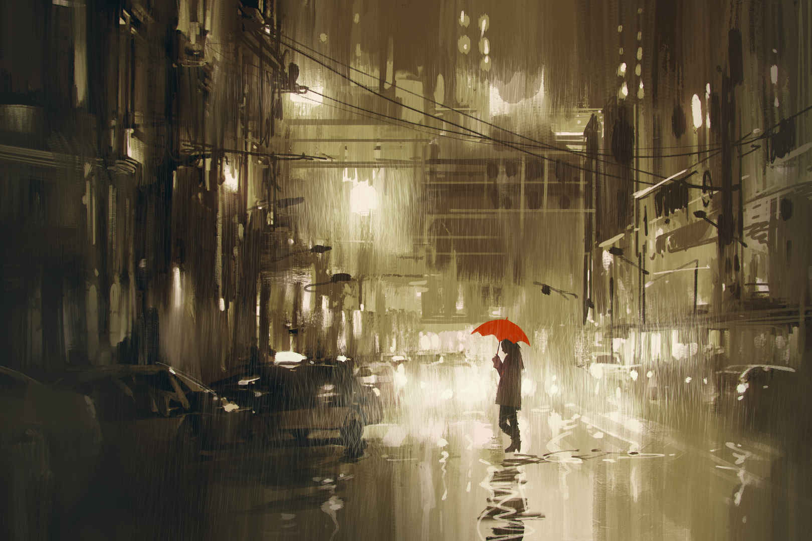 夜晚下横过街道的红伞女人摄影图-
