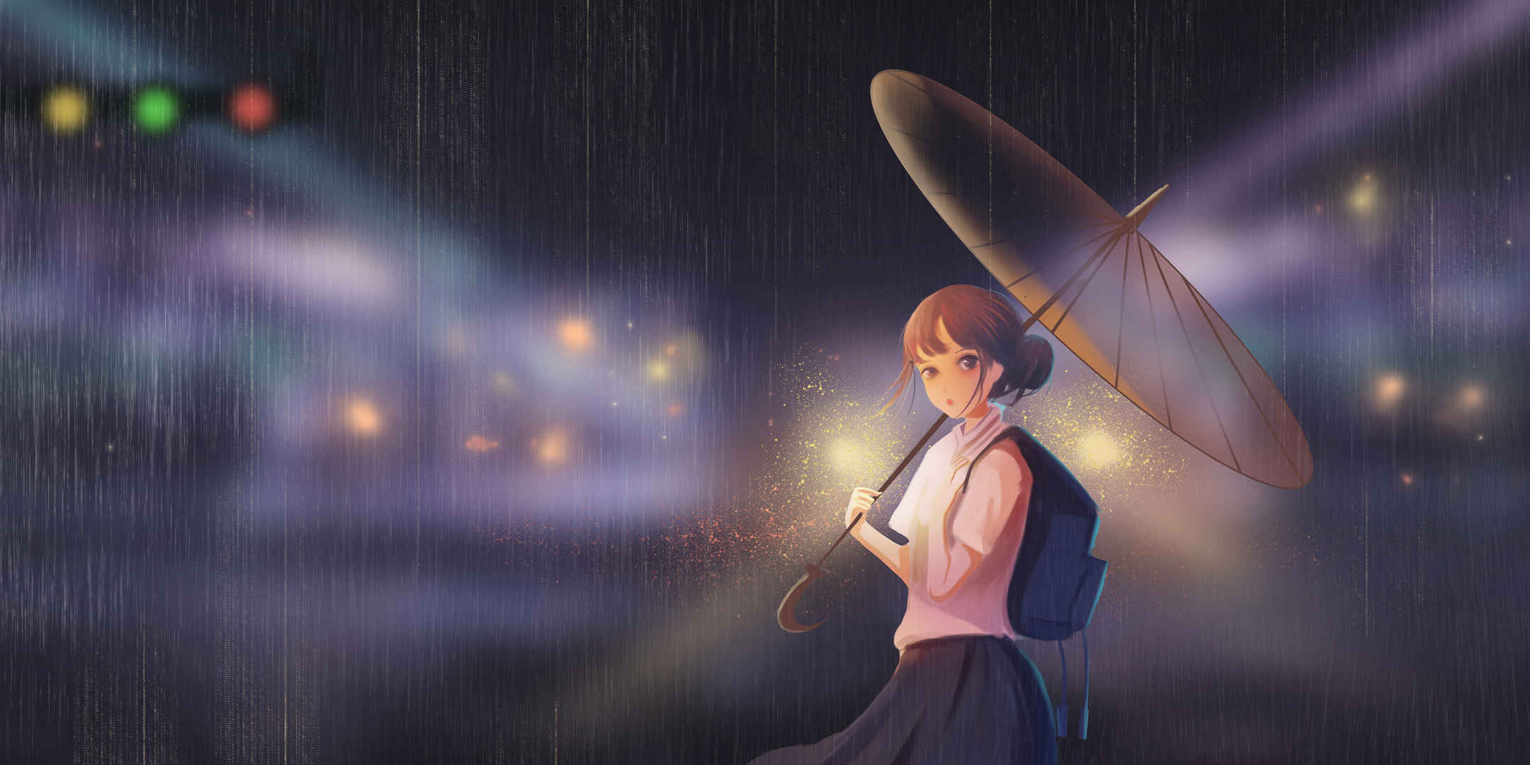 雨水唯美城市街道夜景少女手绘壁纸