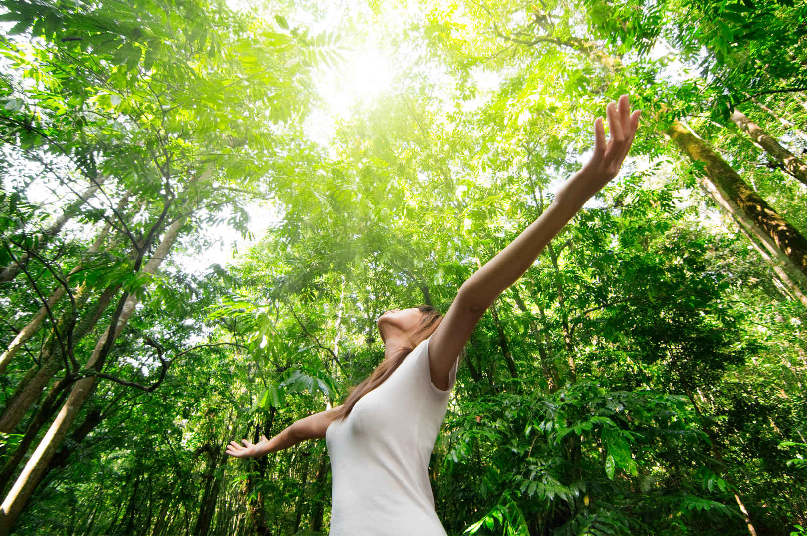 绿色森林中张开双臂呼吸新鲜空气的女人素材-