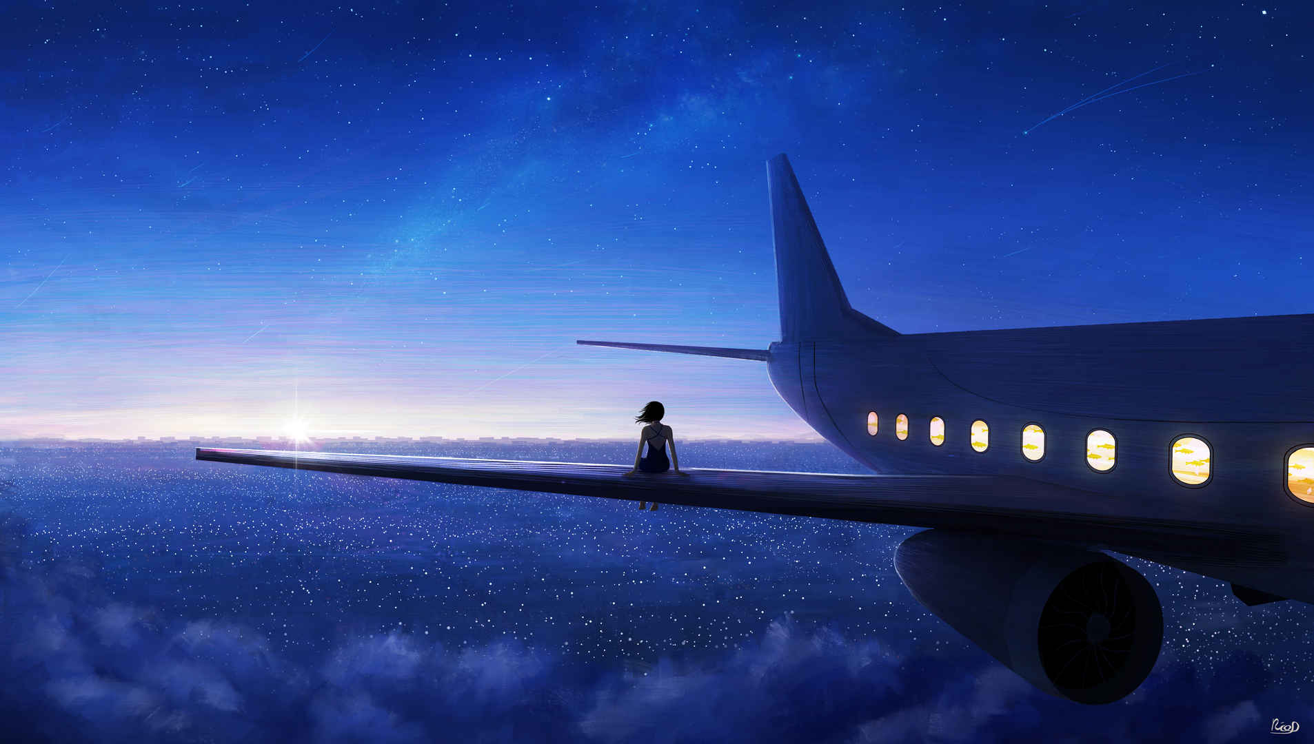 幻想 艺术天空 飞机 夜空 坐在飞机羽翼女孩