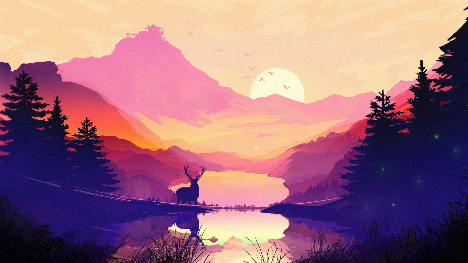 日落 山脉 湖泊 鹿 风景插画壁纸