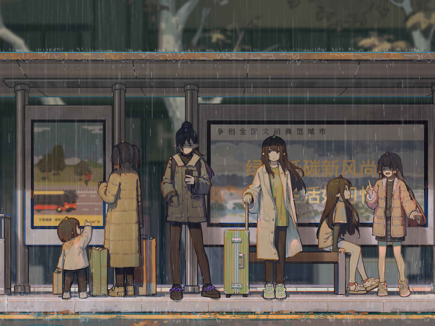 雨天公交车站台动漫女孩平板壁纸-