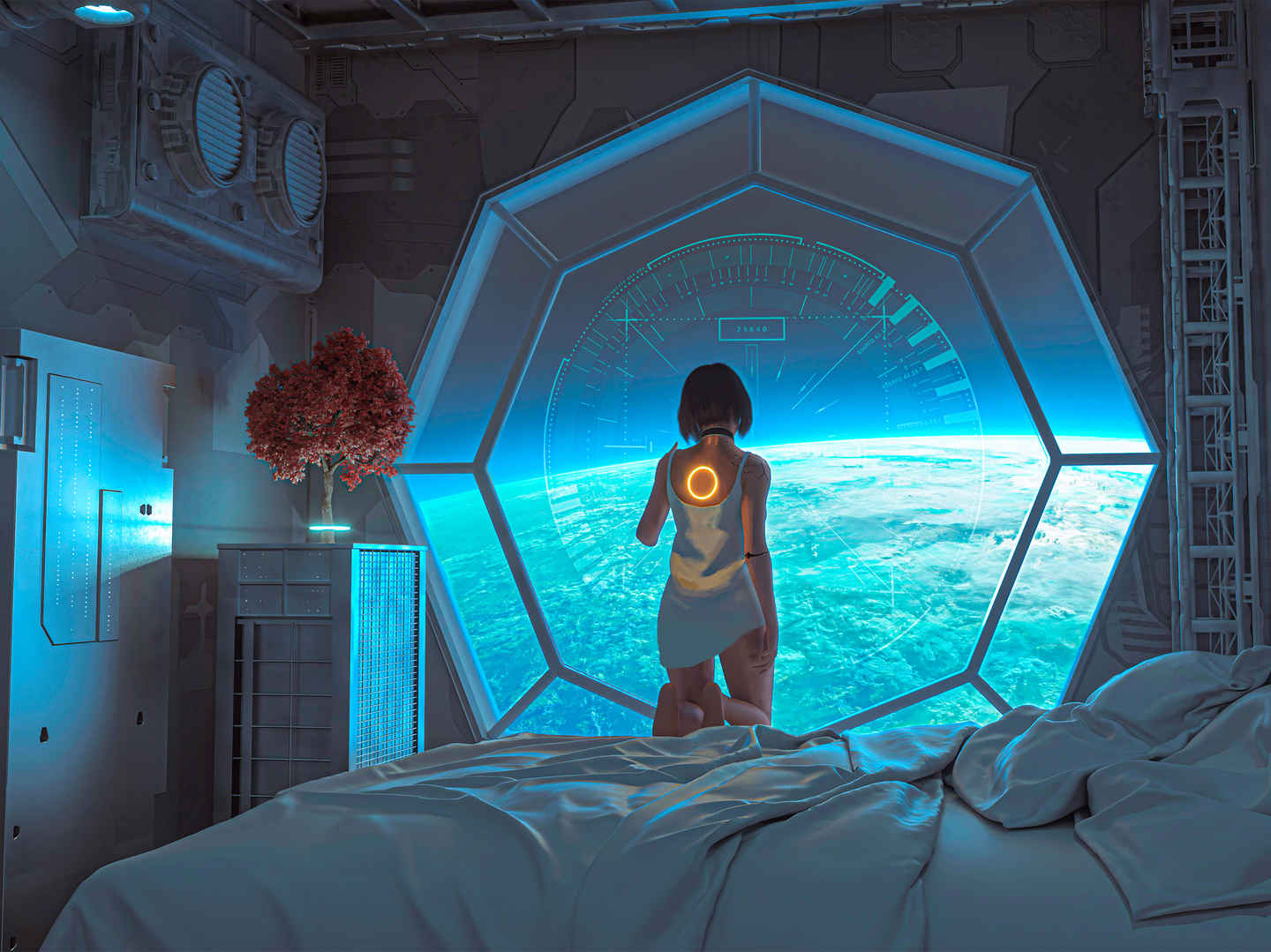 幻想 科幻少女 宇宙 房间 机械人女孩 星球平板电脑壁纸-