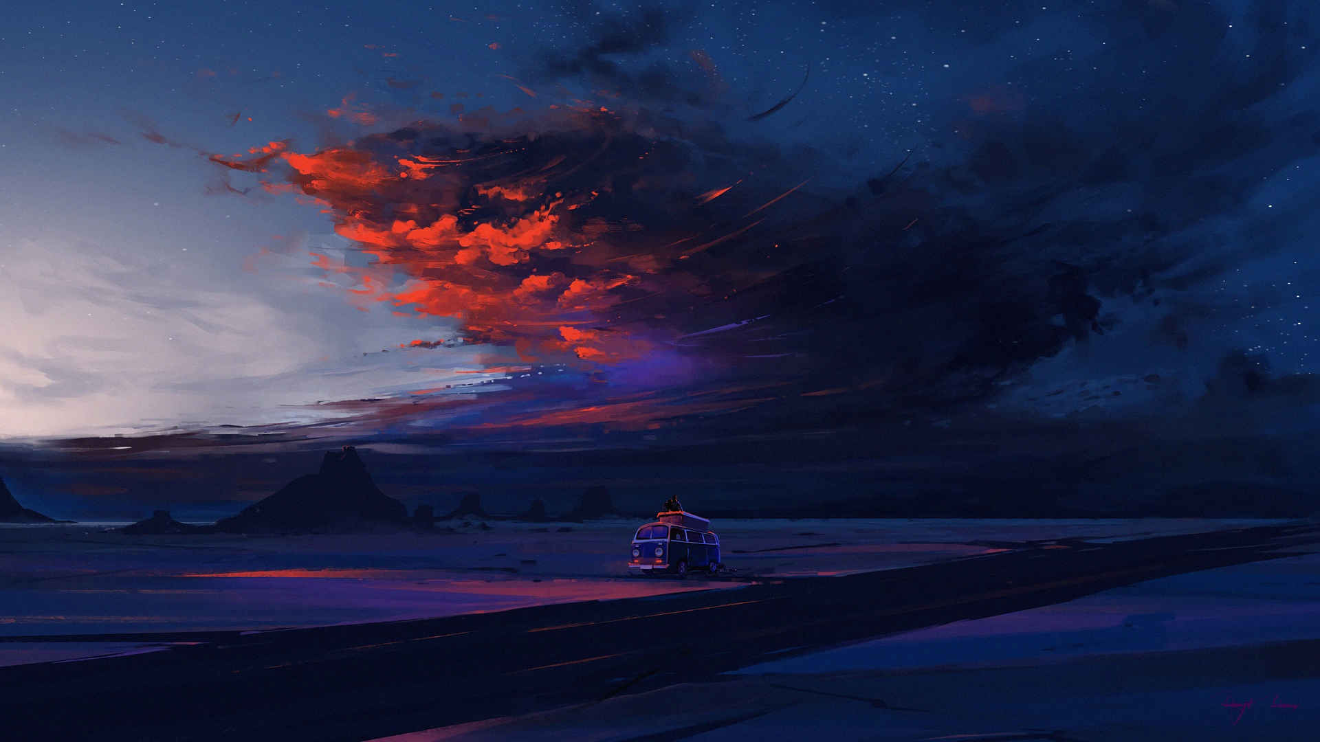 绘画自然风景 云 日落 傍晚 面包车  夜晚 天空 4k电脑壁纸