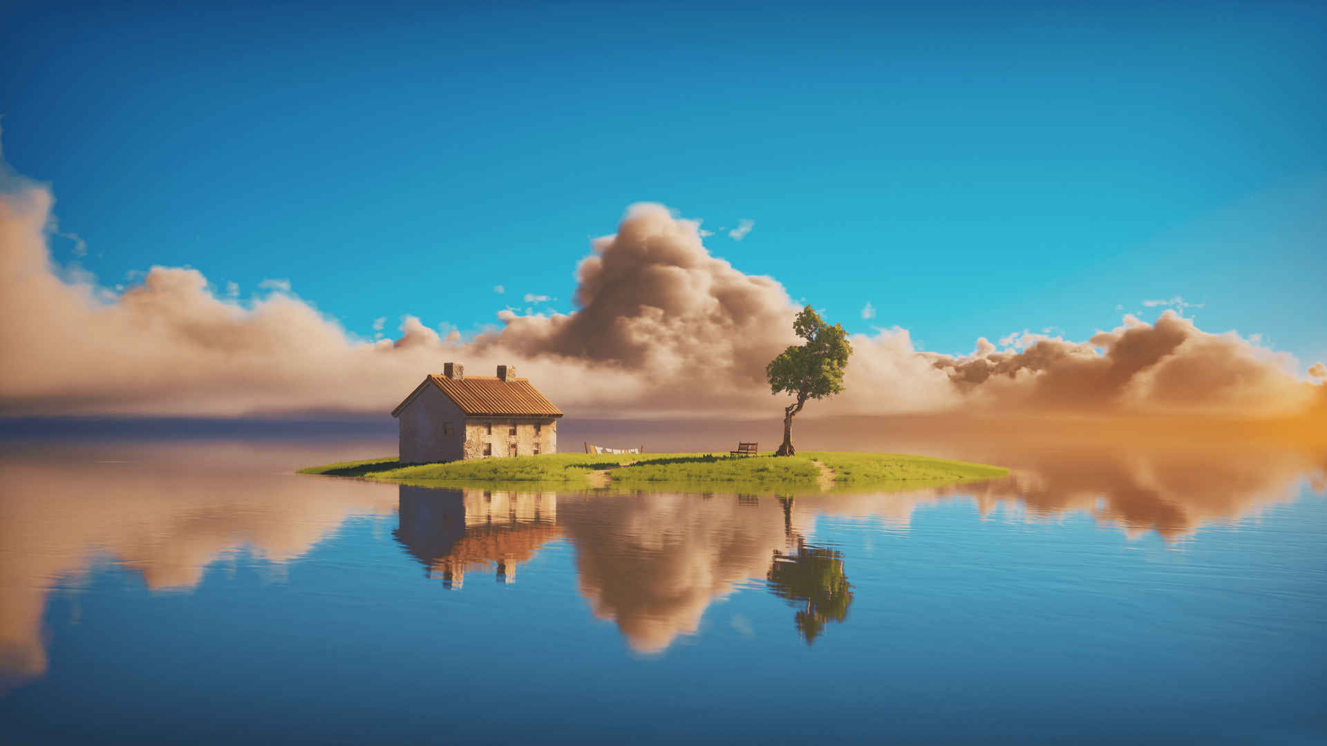 蓝天 云 小岛上的房子 小树 ˮ 唯美意境 4k风景壁纸-