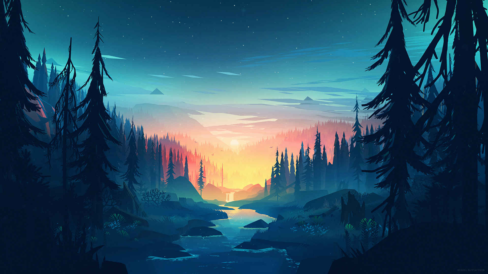 晚上 森林 湖泊 山脉  瀑布 云 星星 4k动漫壁纸