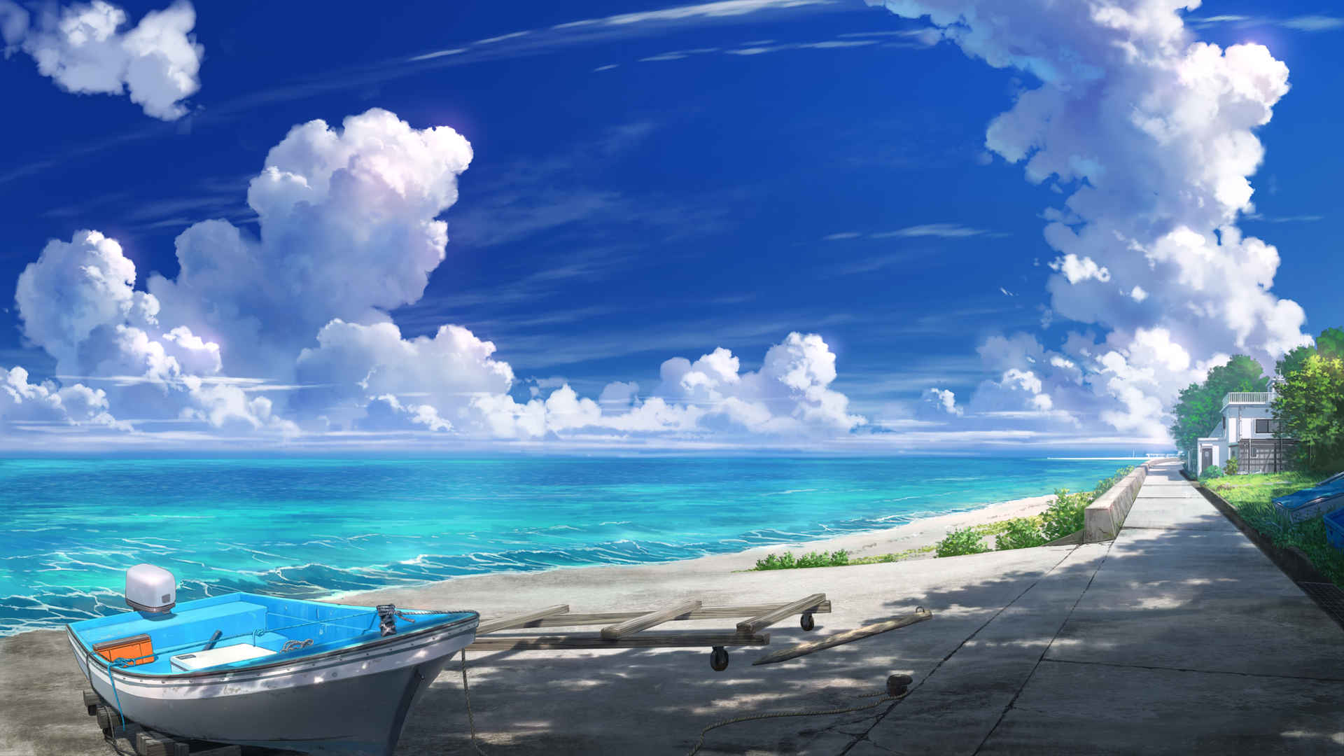 海滩 船 阳光 天空 云 房子 风景4k壁纸