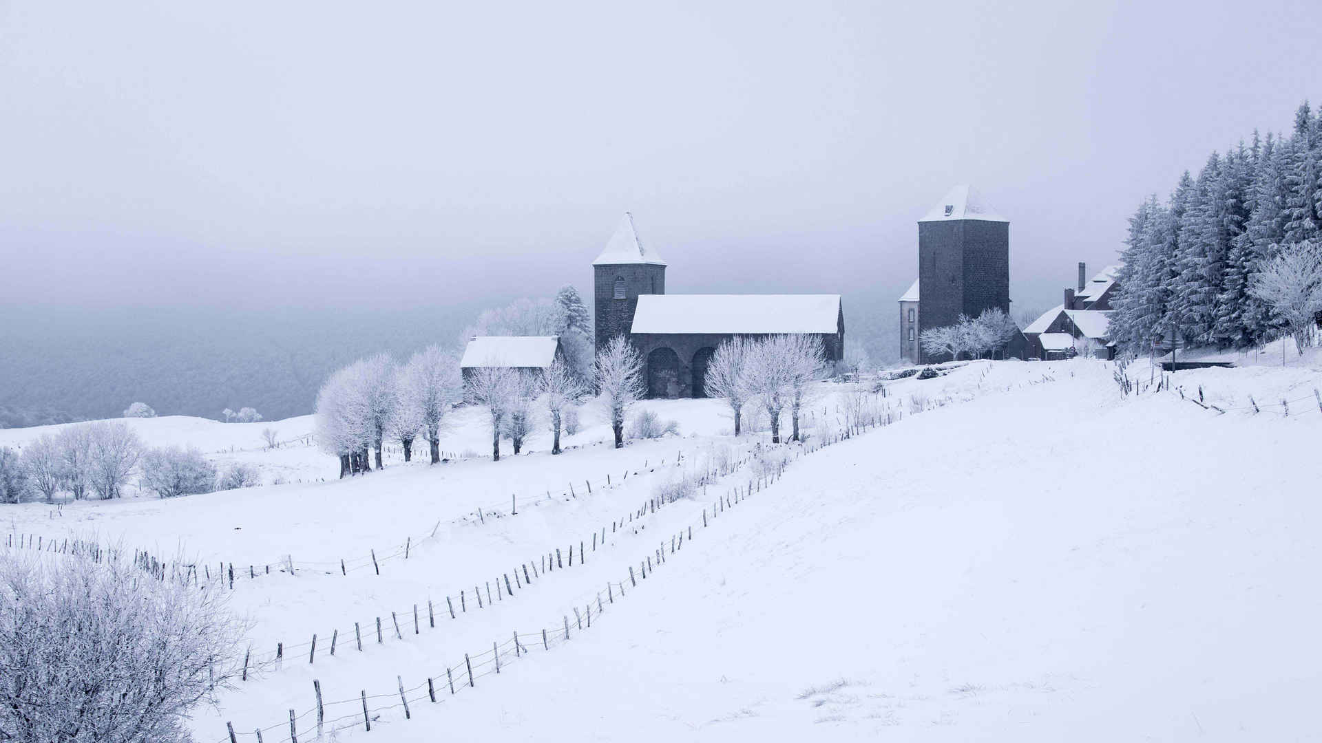 冬天雪风景 房子 树 栅栏 4k壁纸