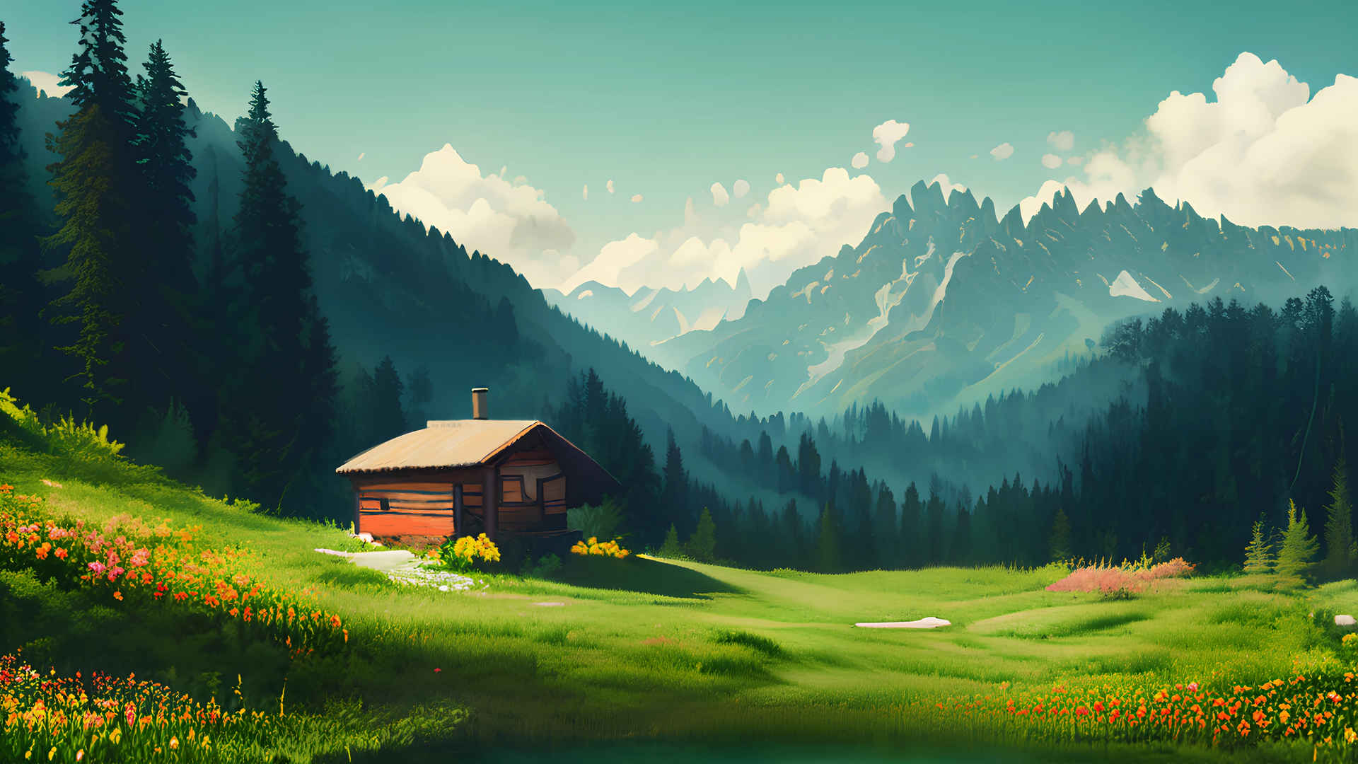 阿尔卑斯山 鲜花 小木屋 绿草地 森林 自然风景4K图片