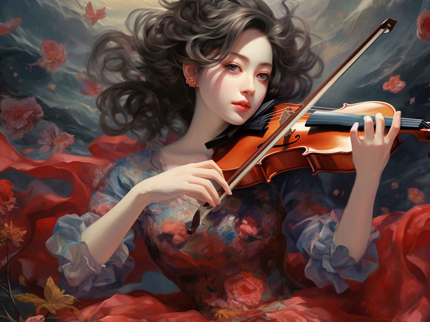 动漫女孩 小提琴 唯美花瓣 图片