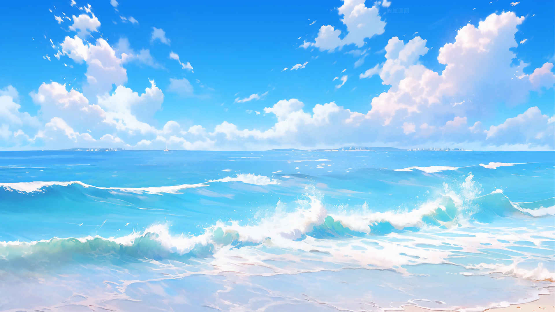 清新 蓝天白云 大海 海浪 沙滩风景4K图片