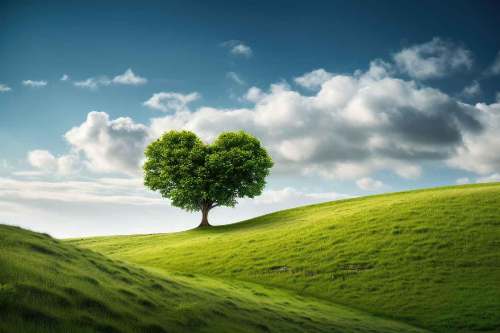 绿色心形树 蓝天 白云 绿草地风景5k桌面壁纸