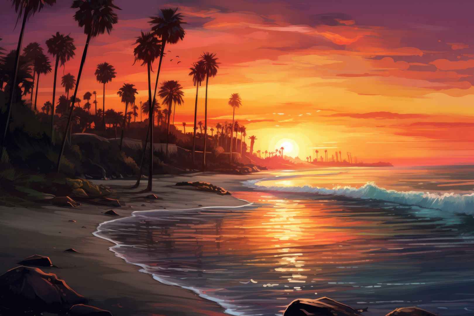 美丽的棕榈日落海边风景5k电脑壁纸