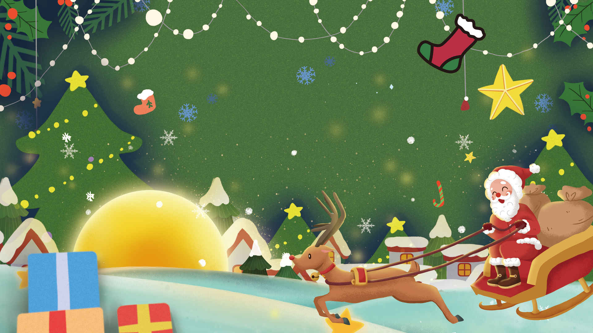 手绘圣诞节平安夜雪橇 圣诞老人 圣诞树 圣诞鹿4k高清壁纸3840x2160