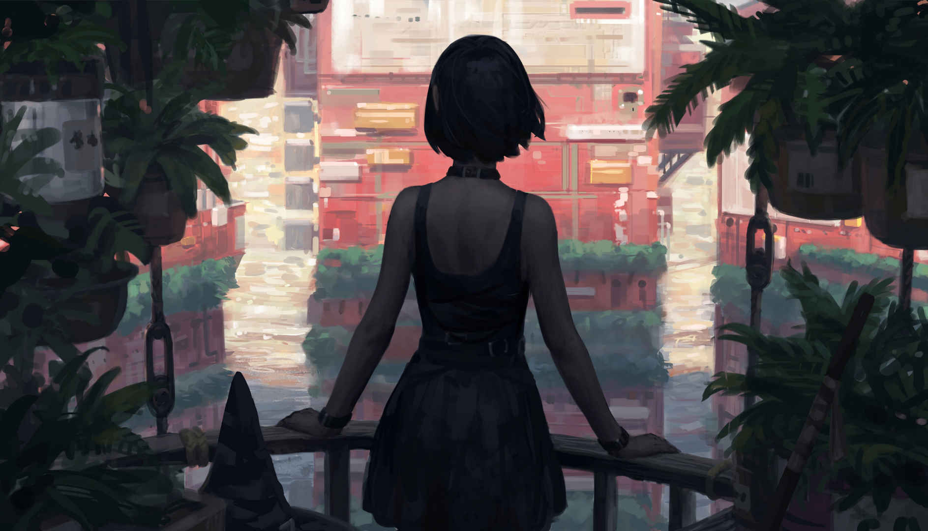 女孩短发 黑发 背部 后背 连衣裙 植物 阳台 建筑 绘画插图4k动漫壁纸-