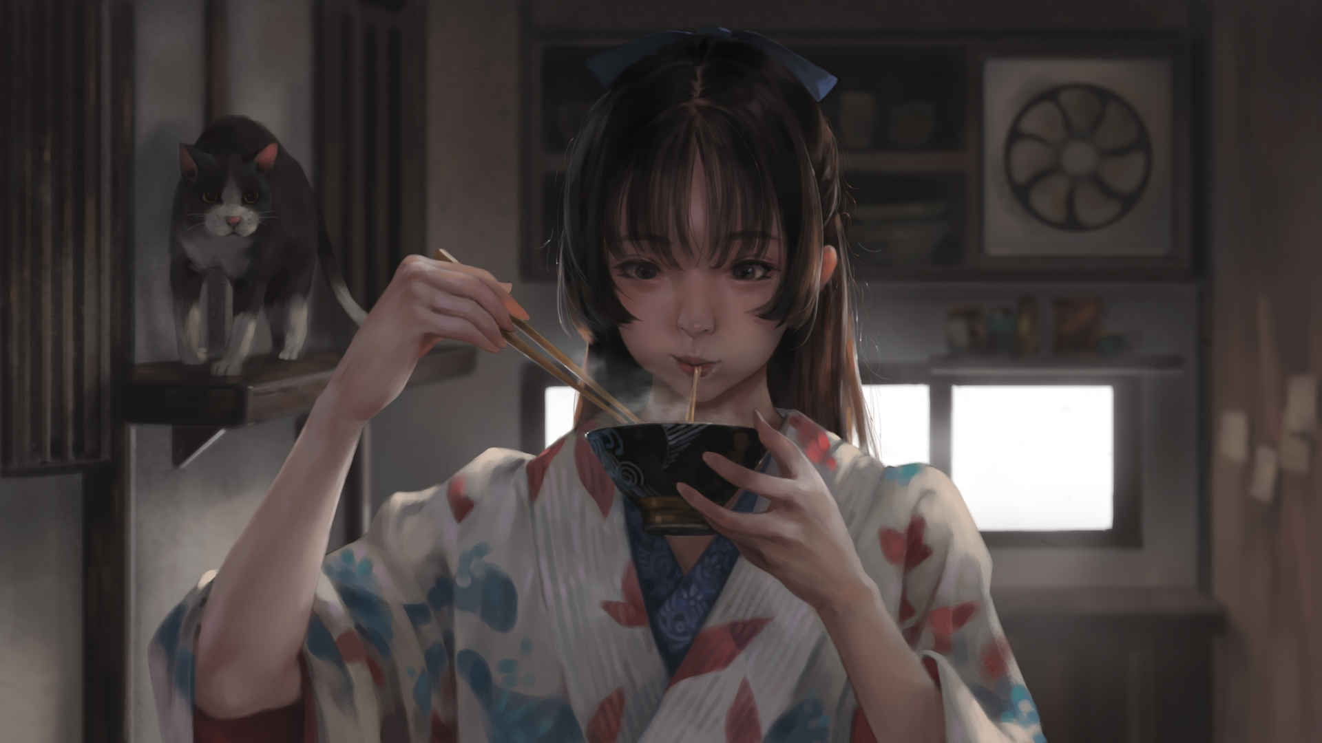 Girls who eat noodles 4K anime wallpaper