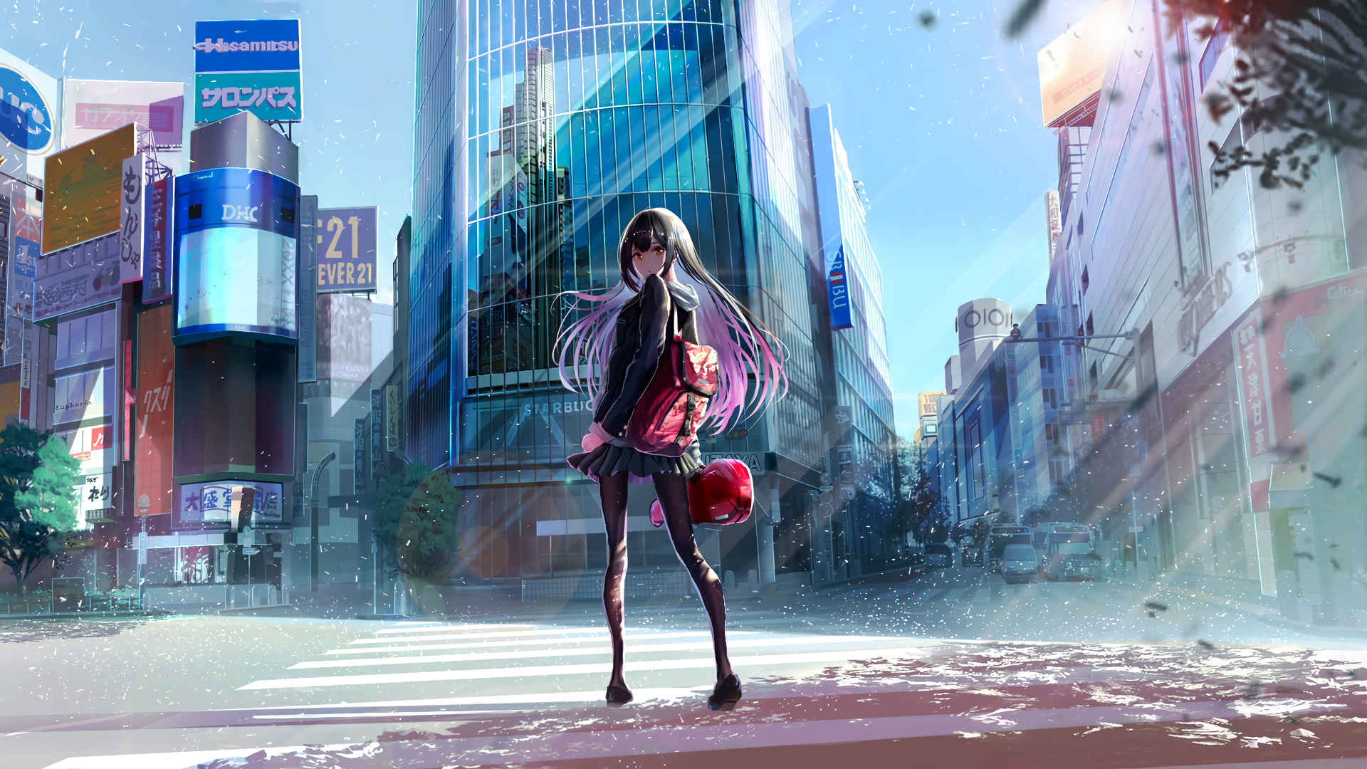  City girl school bag 4K anime wallpaper