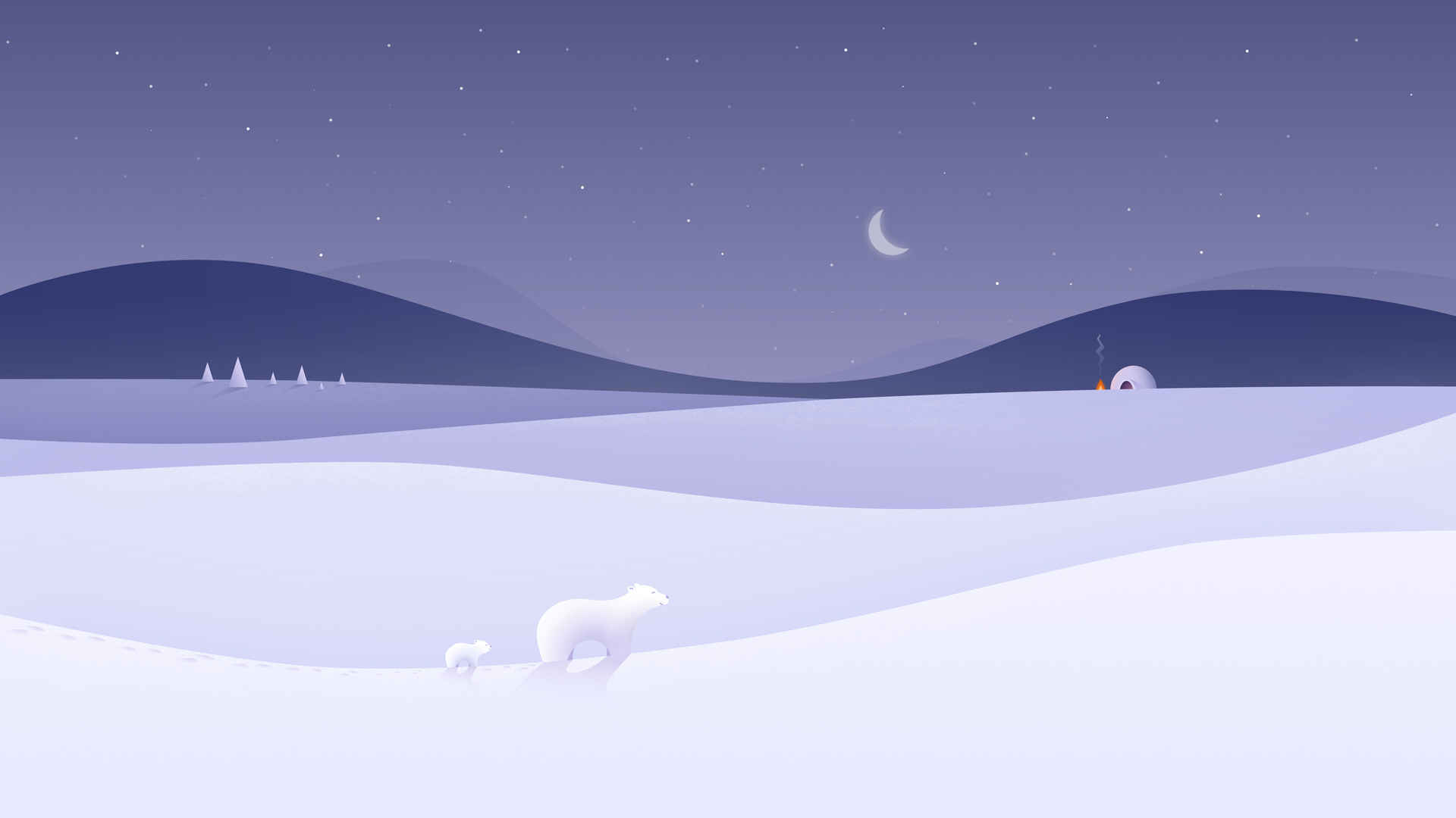 Winter night simple landscape bear and mother 4K wallpaper 3840x2160
