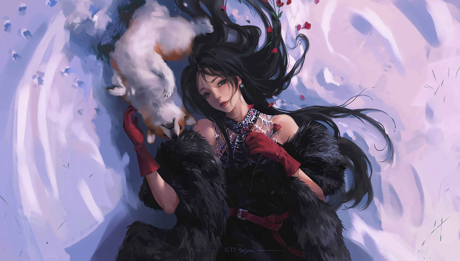 Winter girl black fur glove puppy beautiful illustration 4K anime picture