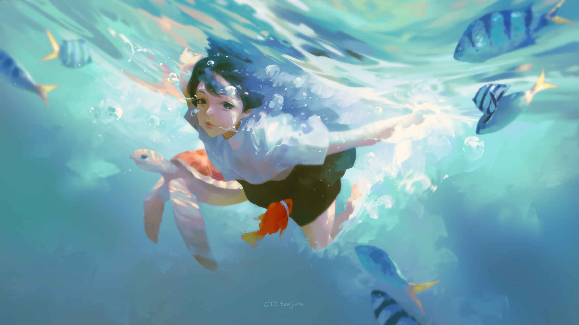 蓝色海水 水下女孩 海龟 鱼 唯美意境4k动漫图片