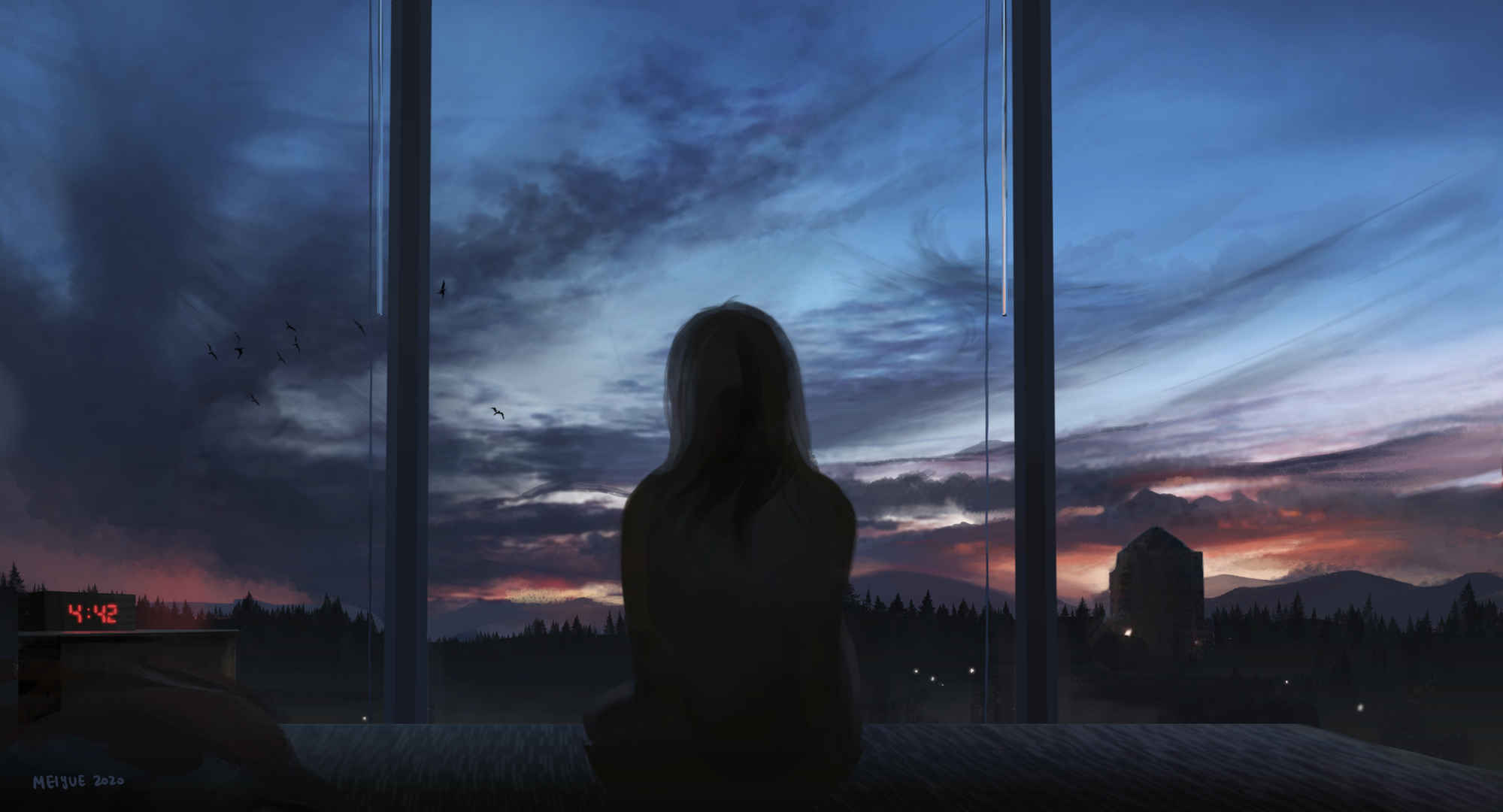 4 o'clock in the morning landscape girl back 3K anime picture
