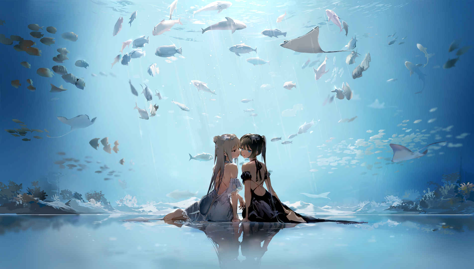 Two girls Fish Aquarium Full 4K Anime Pictures
