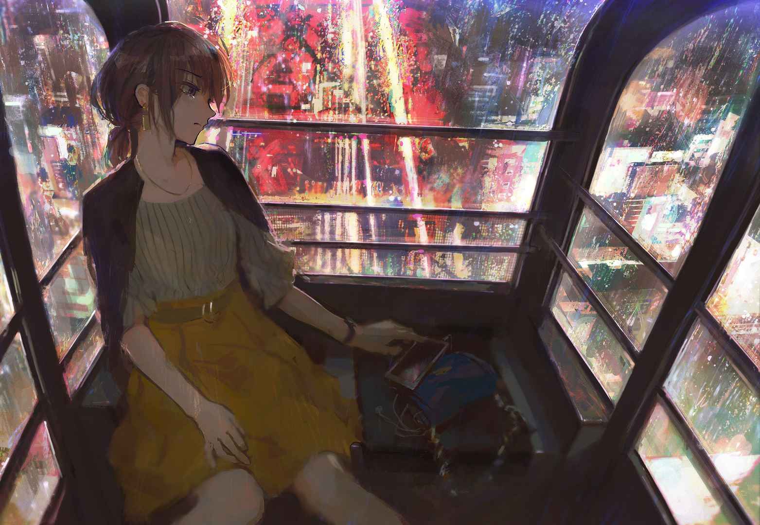 Cable Car City Night View Girl 4K Anime Pictures