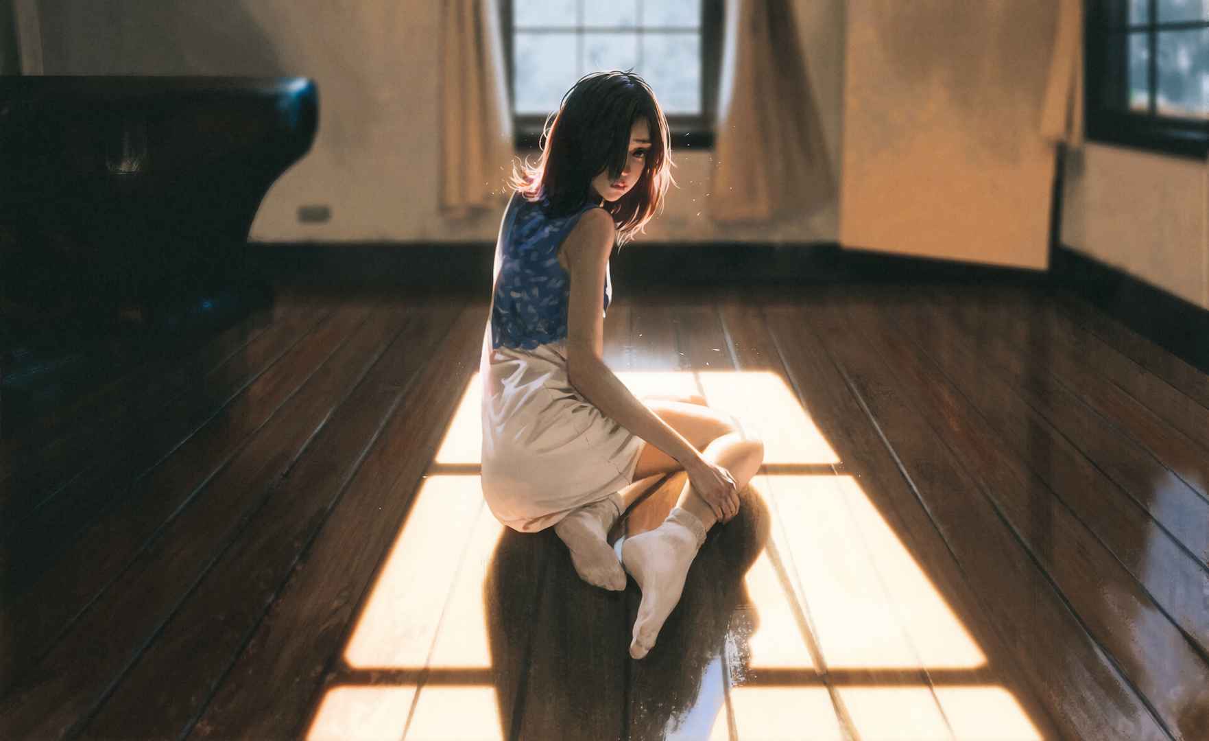 Girl sitting on the wooden floor on the indoor window sunlight beautiful art 4K anime character wall