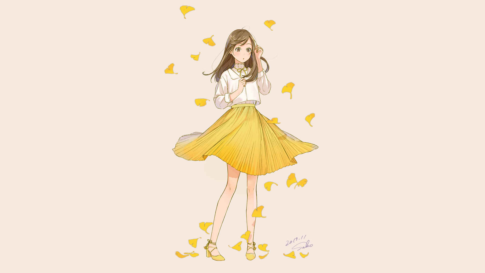 Girl yellow skirt, autumn leaves 4K anime wallpaper 3840x2160