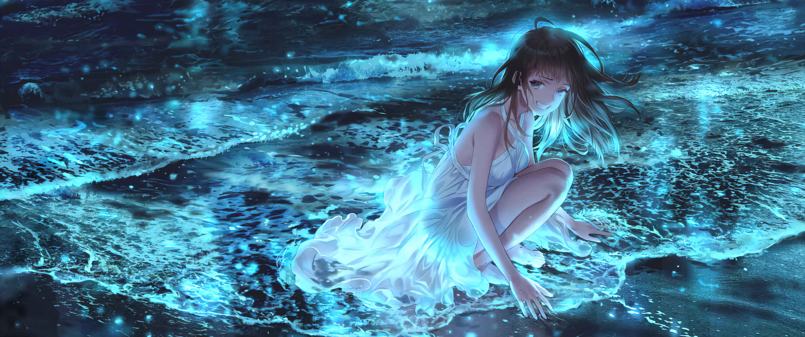 Girl white skirt squatting at night Coast Beach Wave Waves 3440x1440 Anime Wallpaper