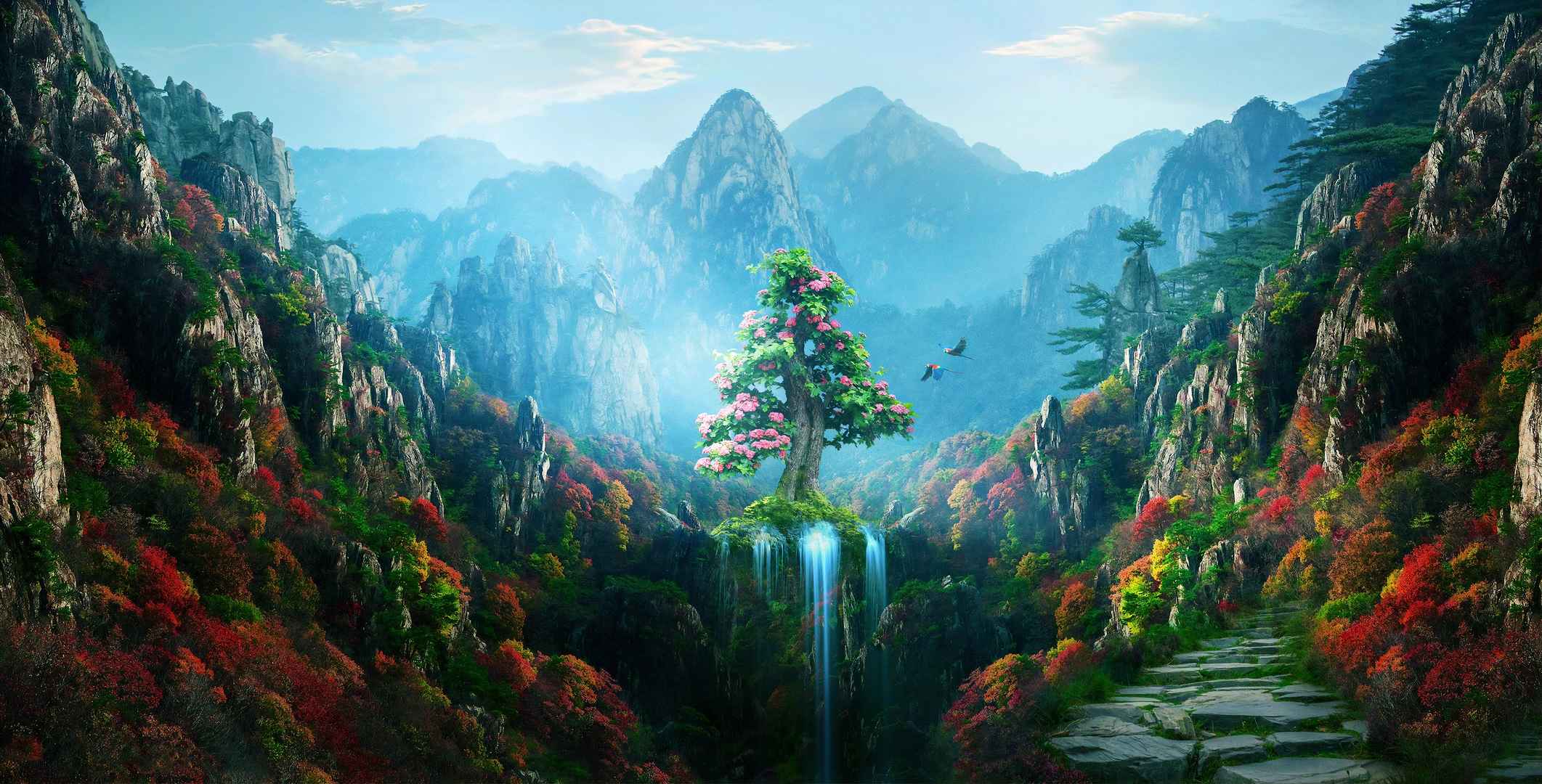 Wonderland Mountains Tree Flower Valley Waterfall Scenery Wallpaper