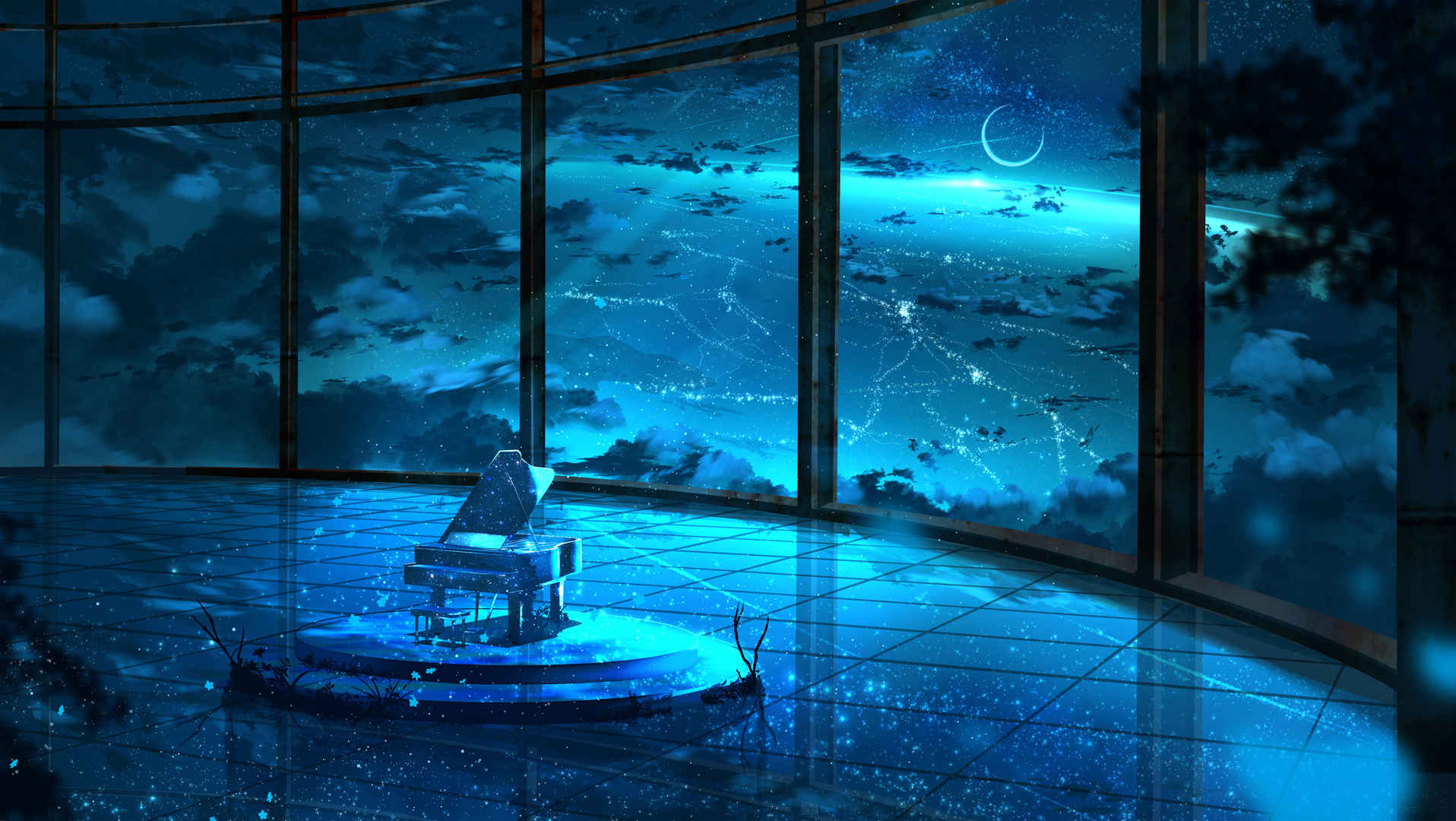 月影 风景 星空 钢琴 透过玻璃 空间 4k动漫壁纸-