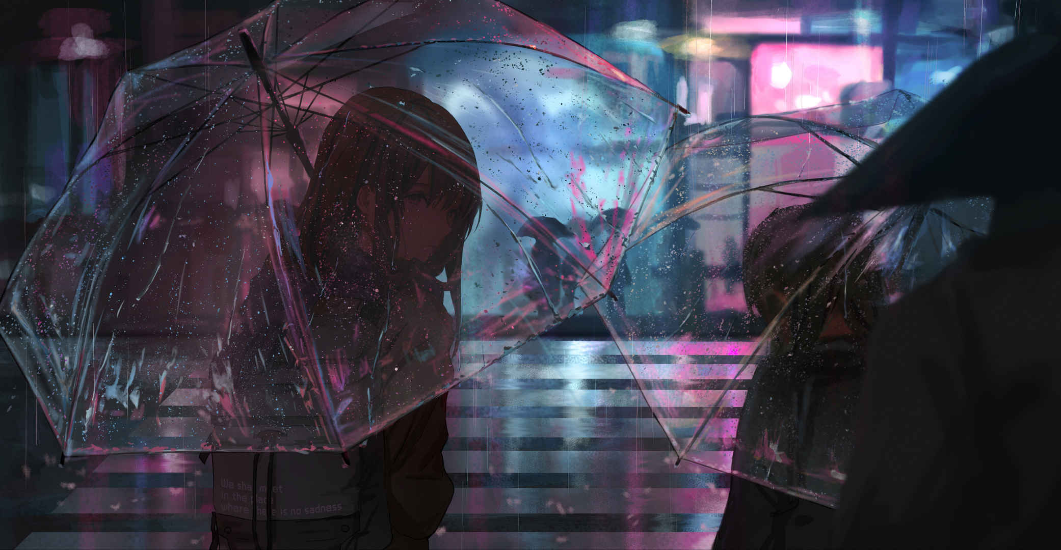 雨天 城市夜景 女子 雨伞 4k高清动漫壁纸-