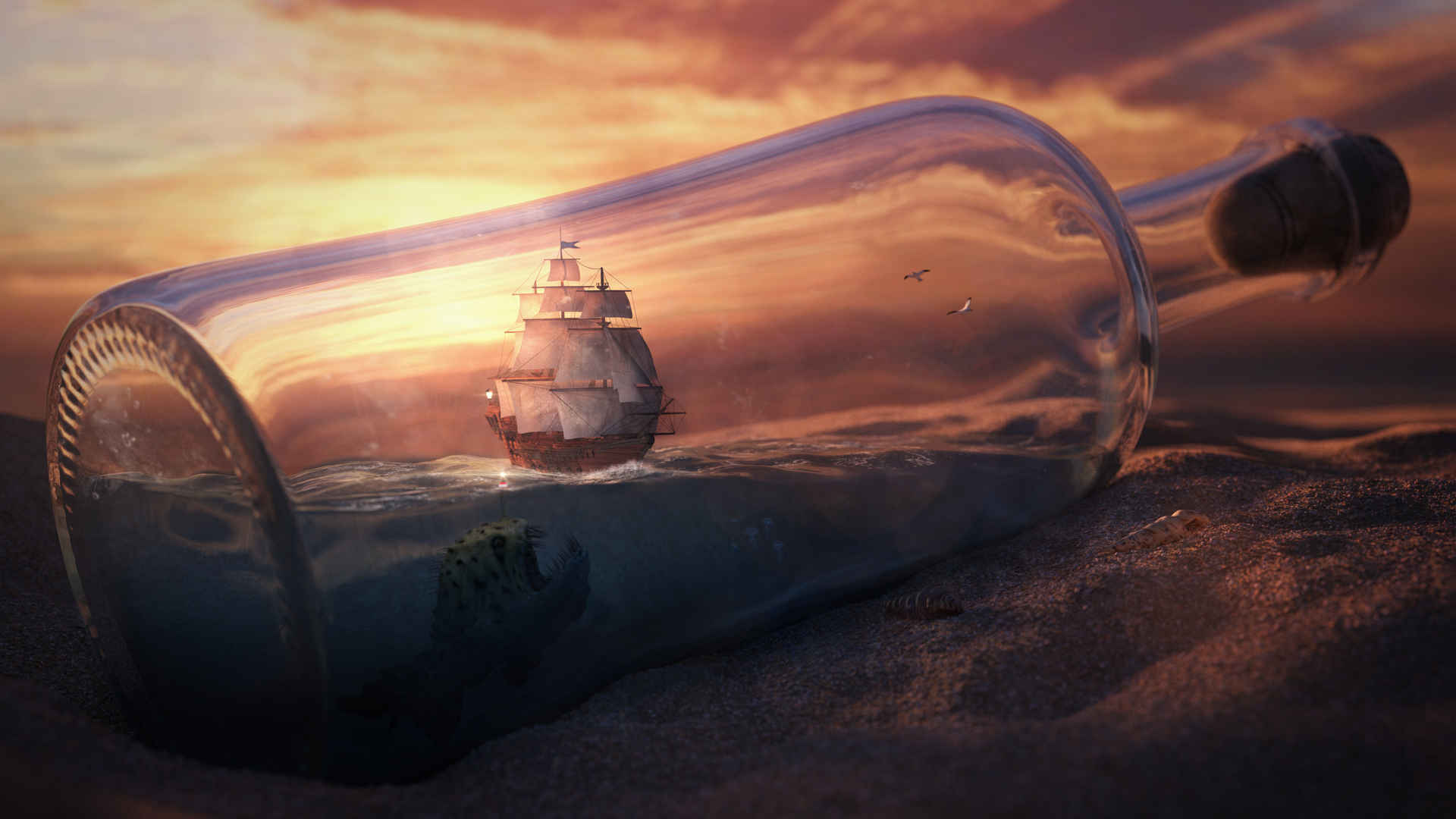 瓶子 船 艺术创意设计4k壁纸