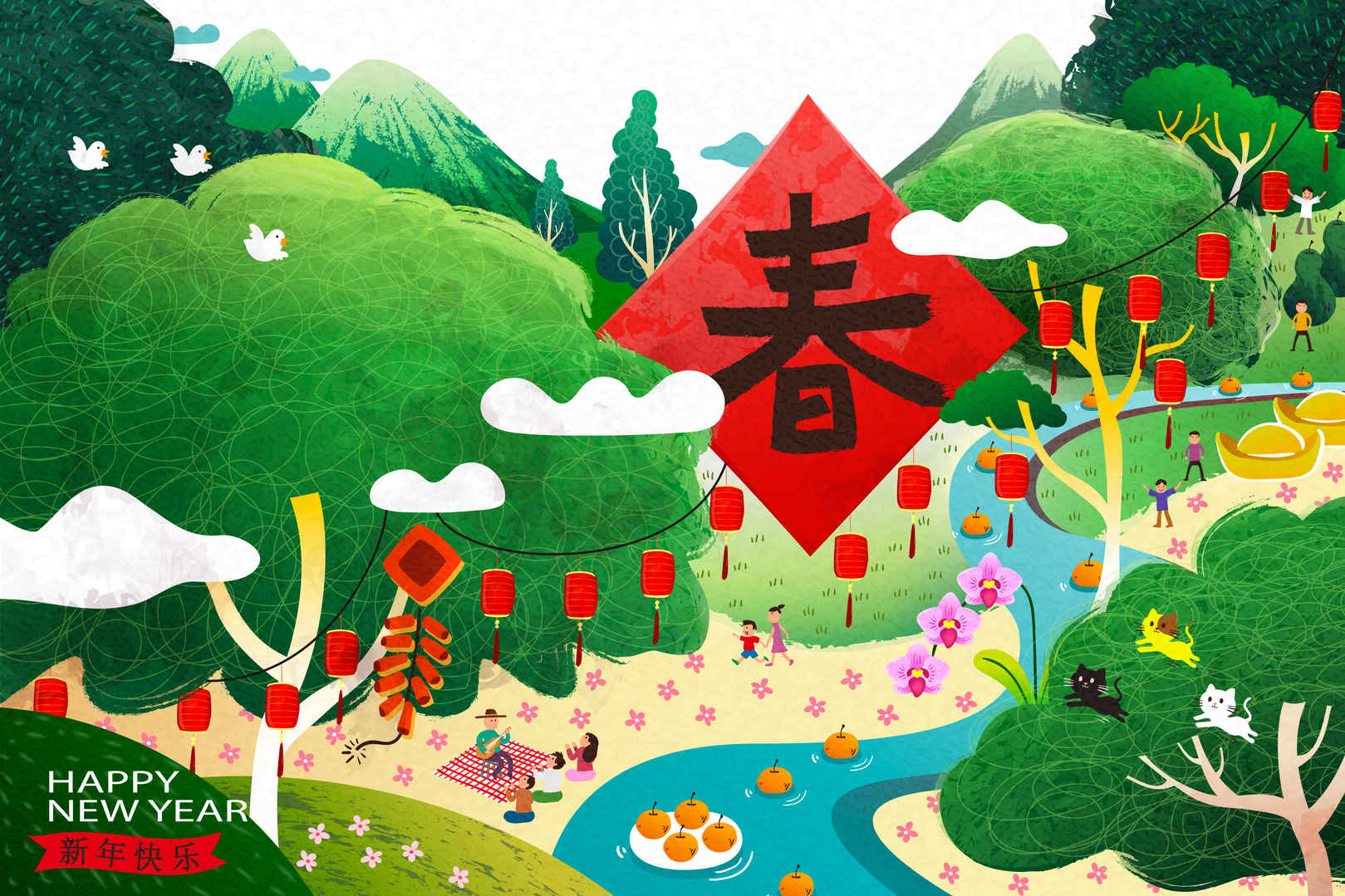 新年快乐插画主题春节背景4k壁纸-