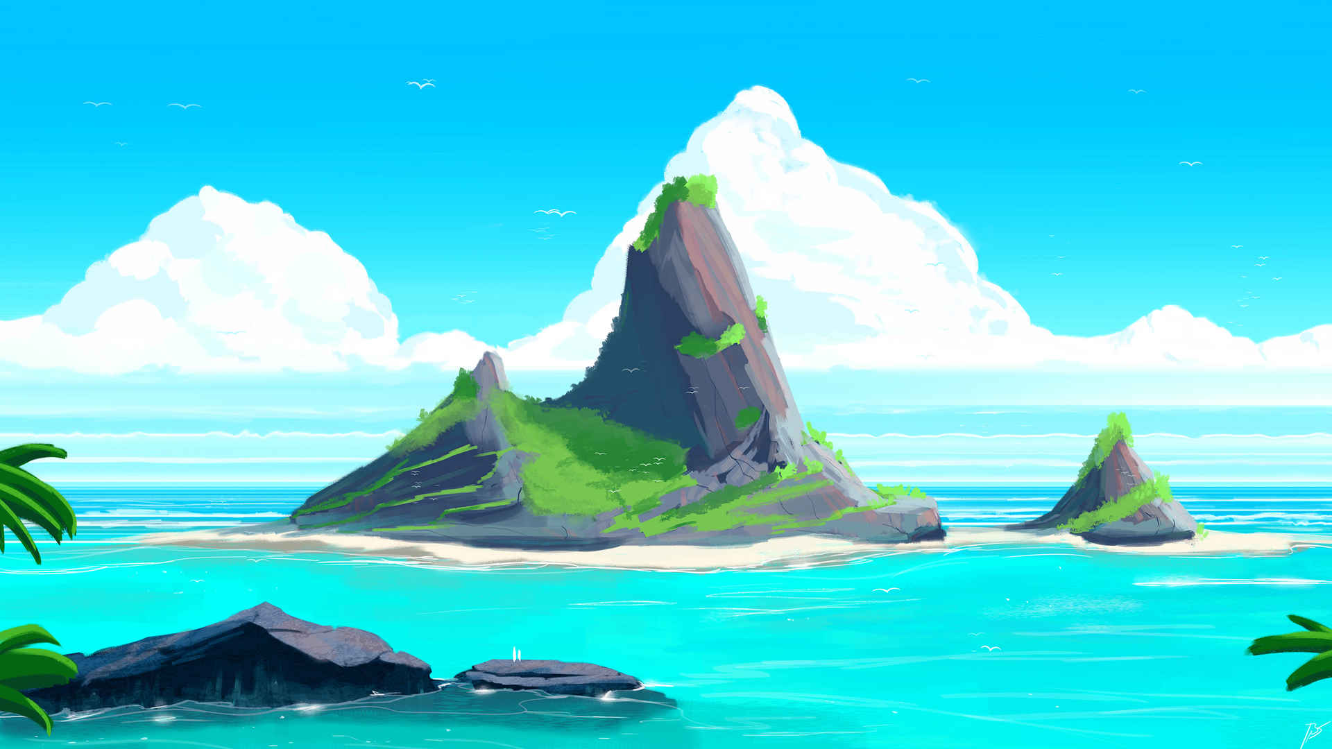 海洋 小岛 蓝天白云风景绘画壁纸