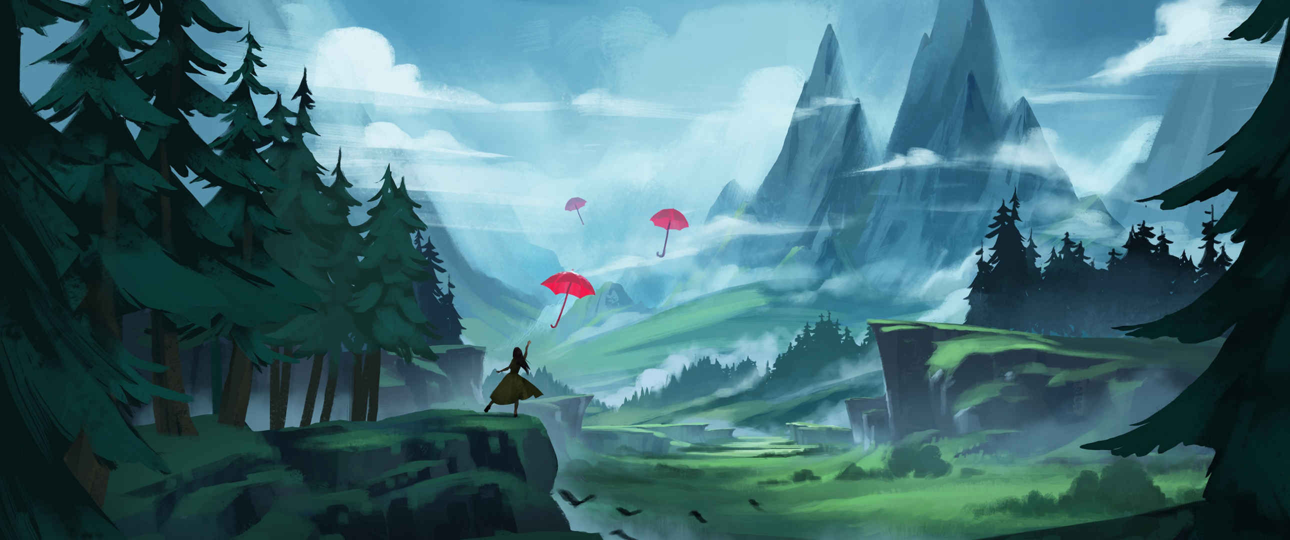 女人 雨伞 插画 风景 山脉 森林 3440x1440壁纸-
