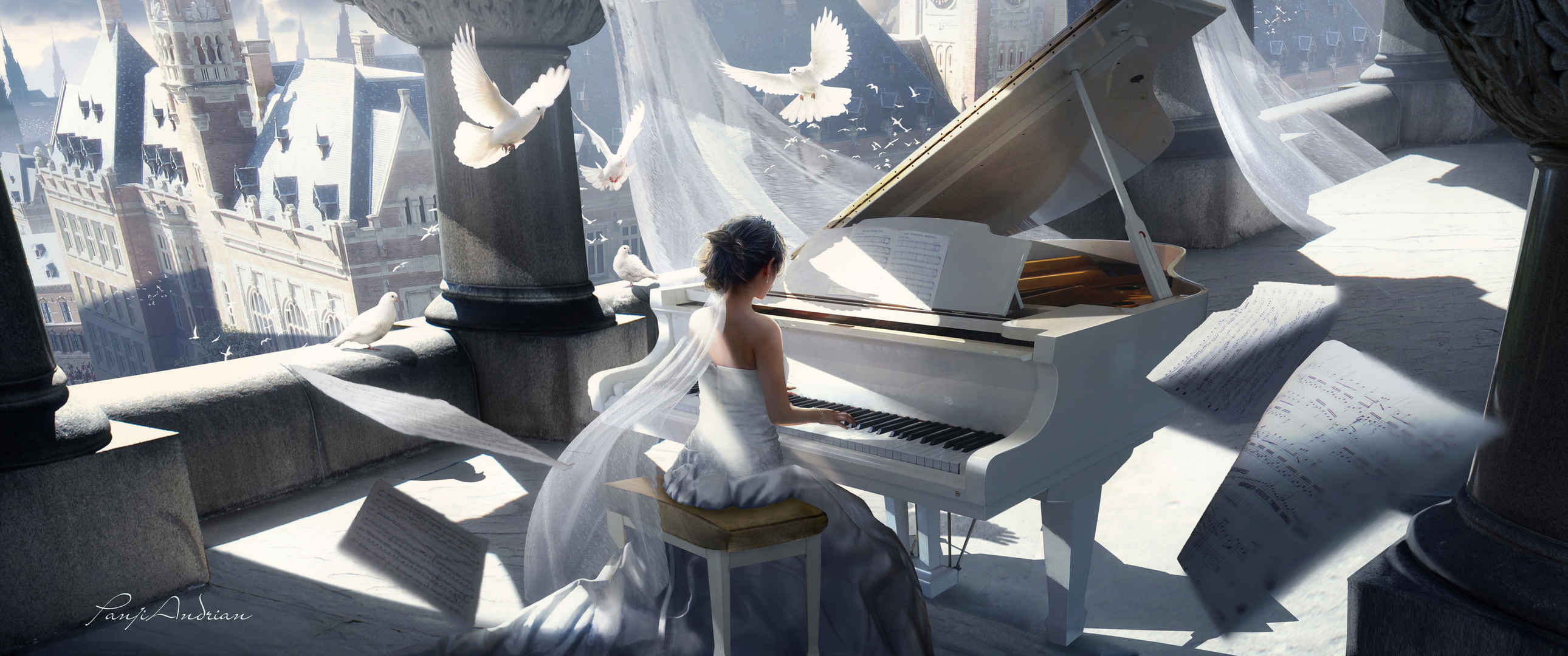 女孩弹钢琴画3440x1440动漫壁纸-