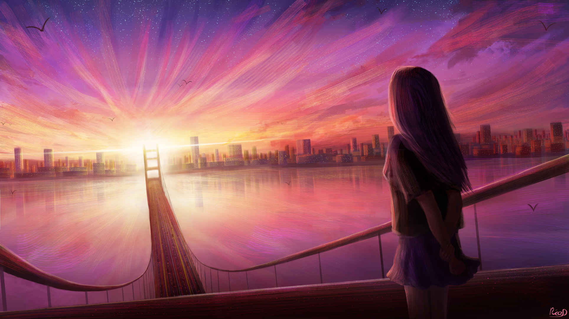 长发女子站在桥上，太阳升起时分，背景是橙色和紫色的天空，还有黑色剪影的鸟儿