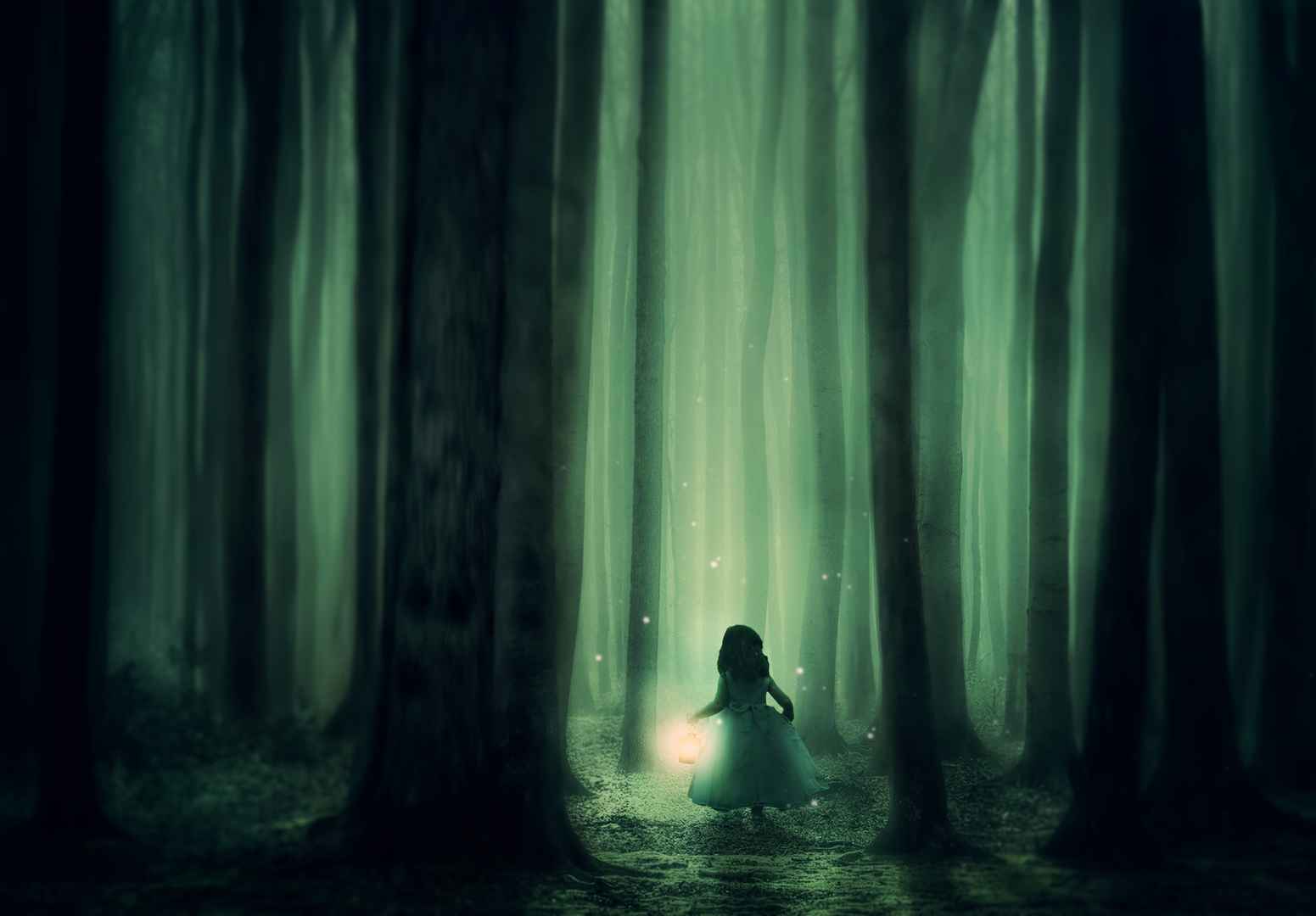 森林 女孩 树木 雾 灯笼 照明 气氛 神秘 黑 光明 萤火虫 梦幻 梦想的 5k图片