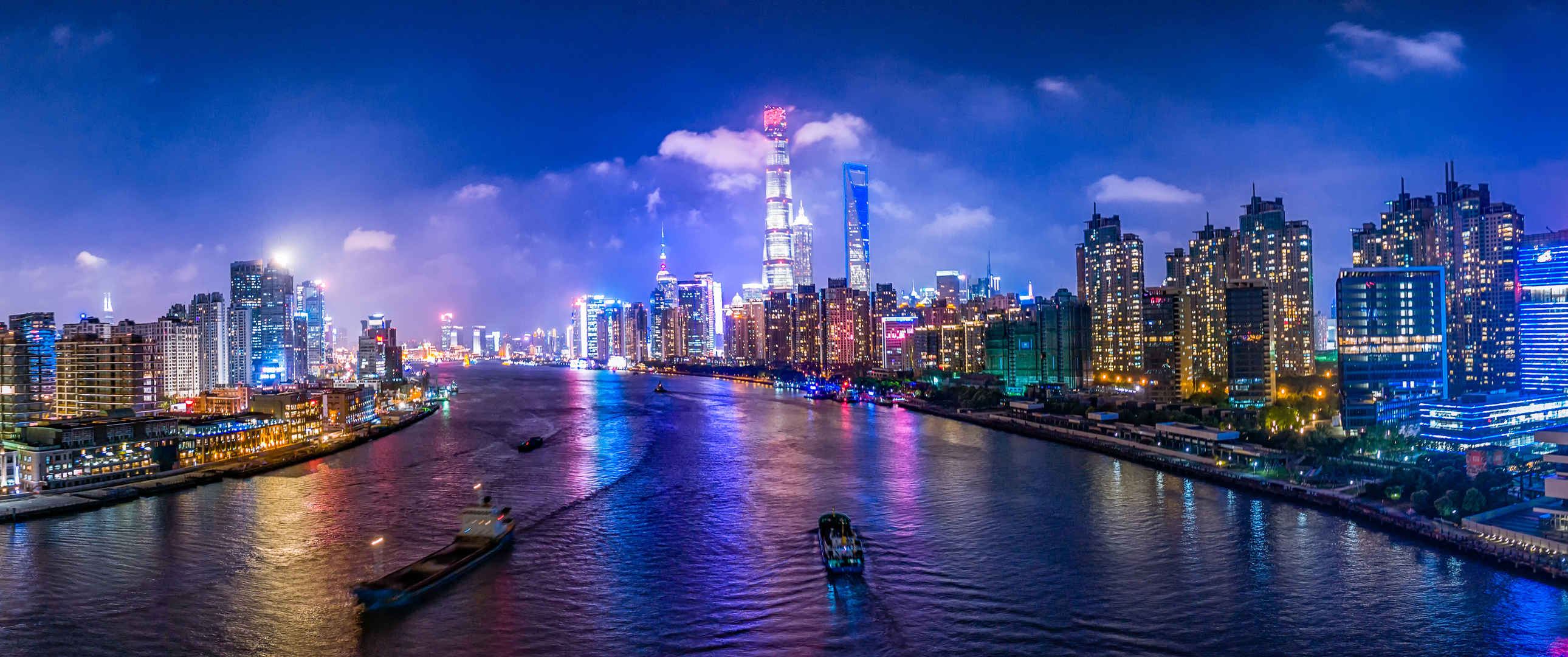 上海黄浦江城市夜景东方明珠3440x1440风景壁纸-