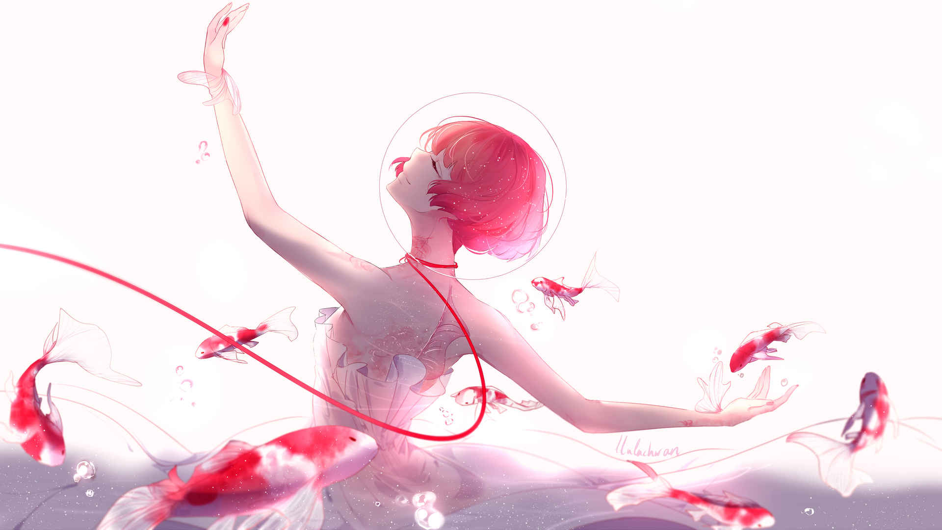 动漫女孩 芭蕾舞者 鱼 粉红色锦鲤鱼 4k壁纸