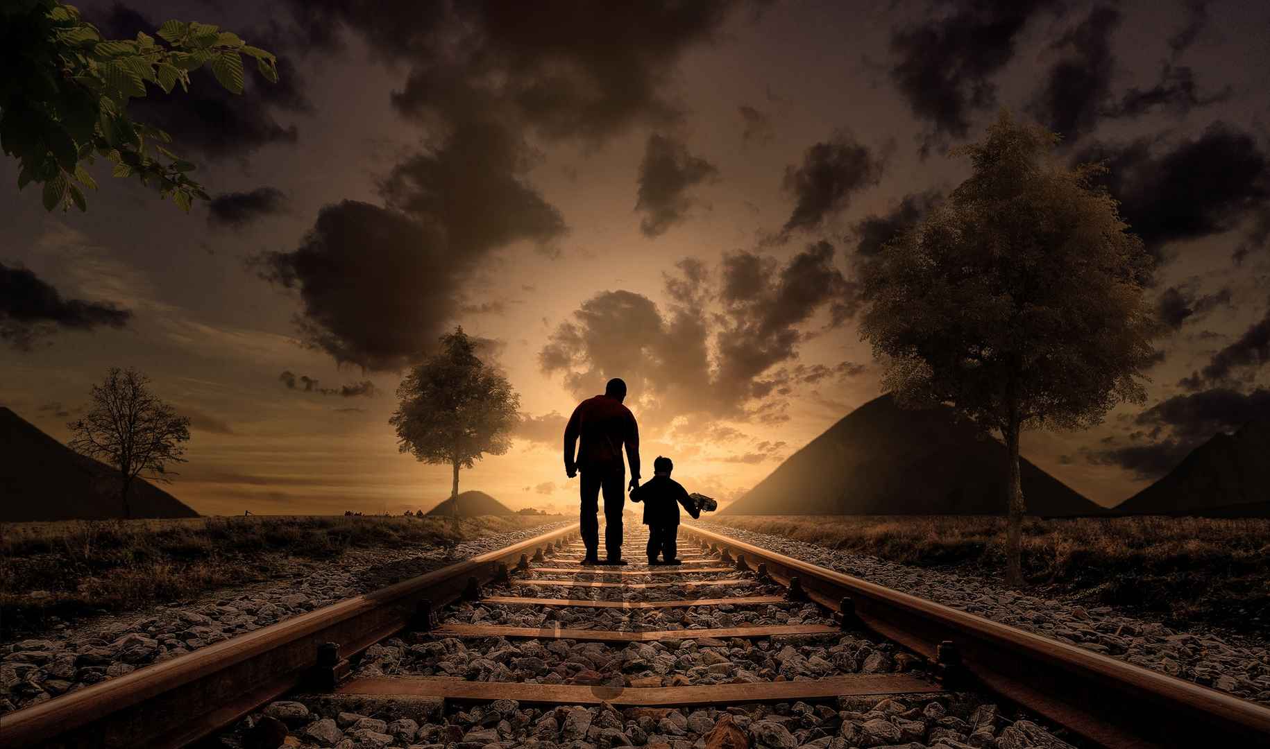 父亲和儿子 牵手 铁路 幸福 行走 童年 ΢Ц 父亲节快乐图片