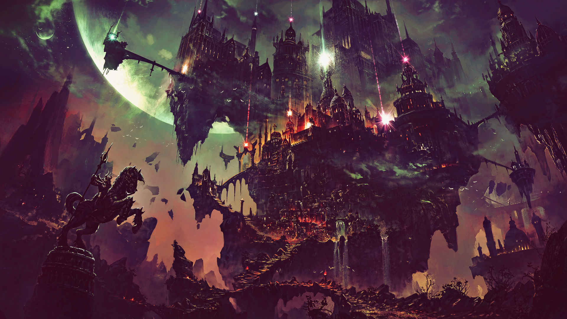 黑夜 科幻 幻想艺术 星球 城堡 建筑 4k壁纸