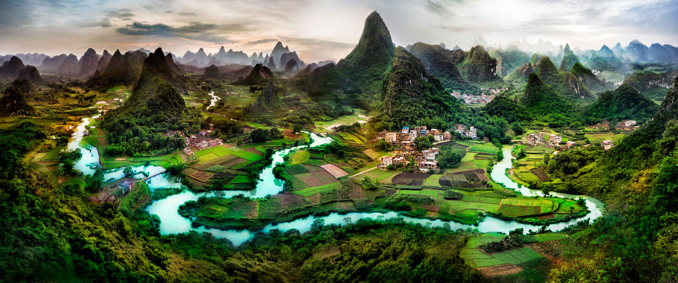 广西桂林山水风景全景鸟瞰摄影3440x1440带鱼屏图片