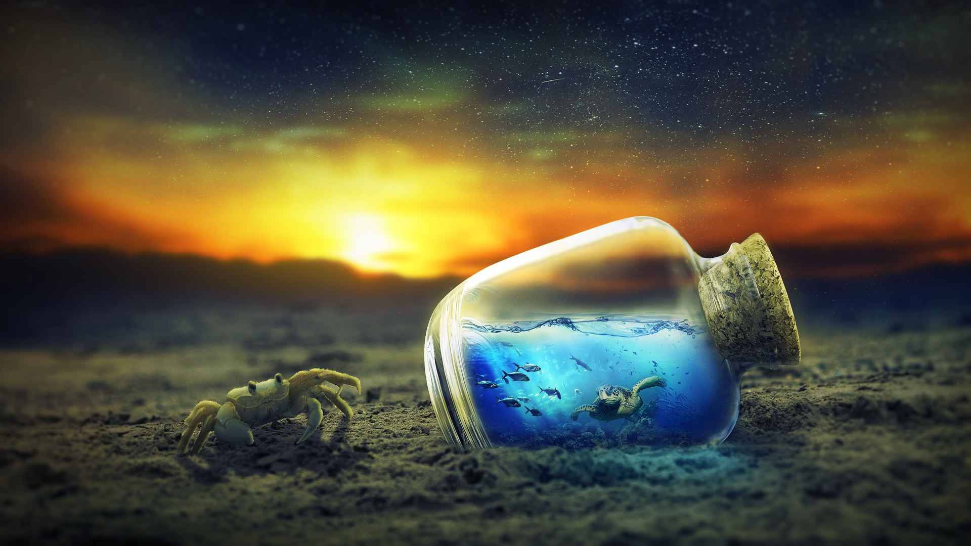 日落 螃蟹 瓶子 海洋 创意4k图片-