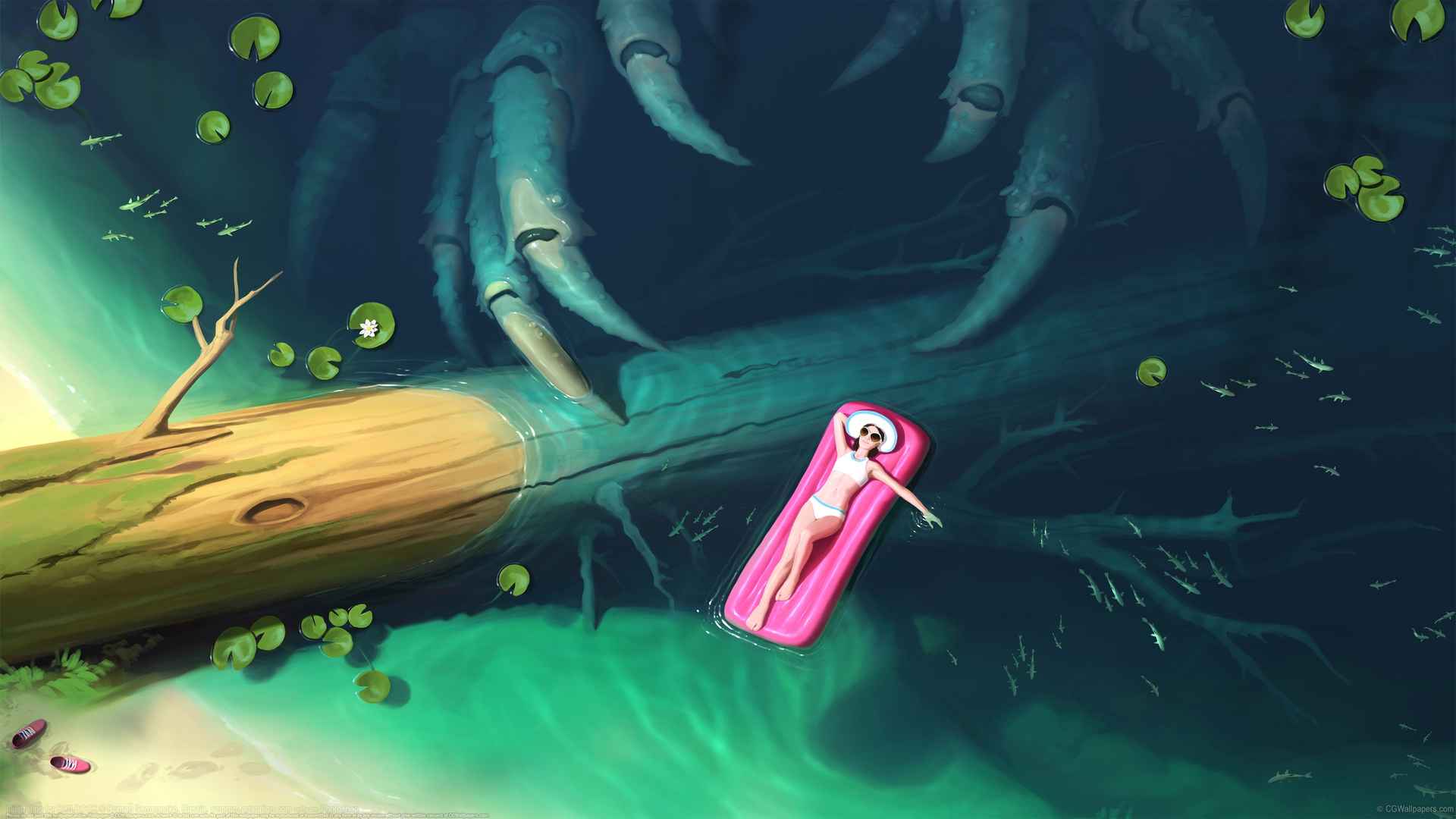 森林 ˮ 鱼 比基尼泳衣女孩 插画 4k图片