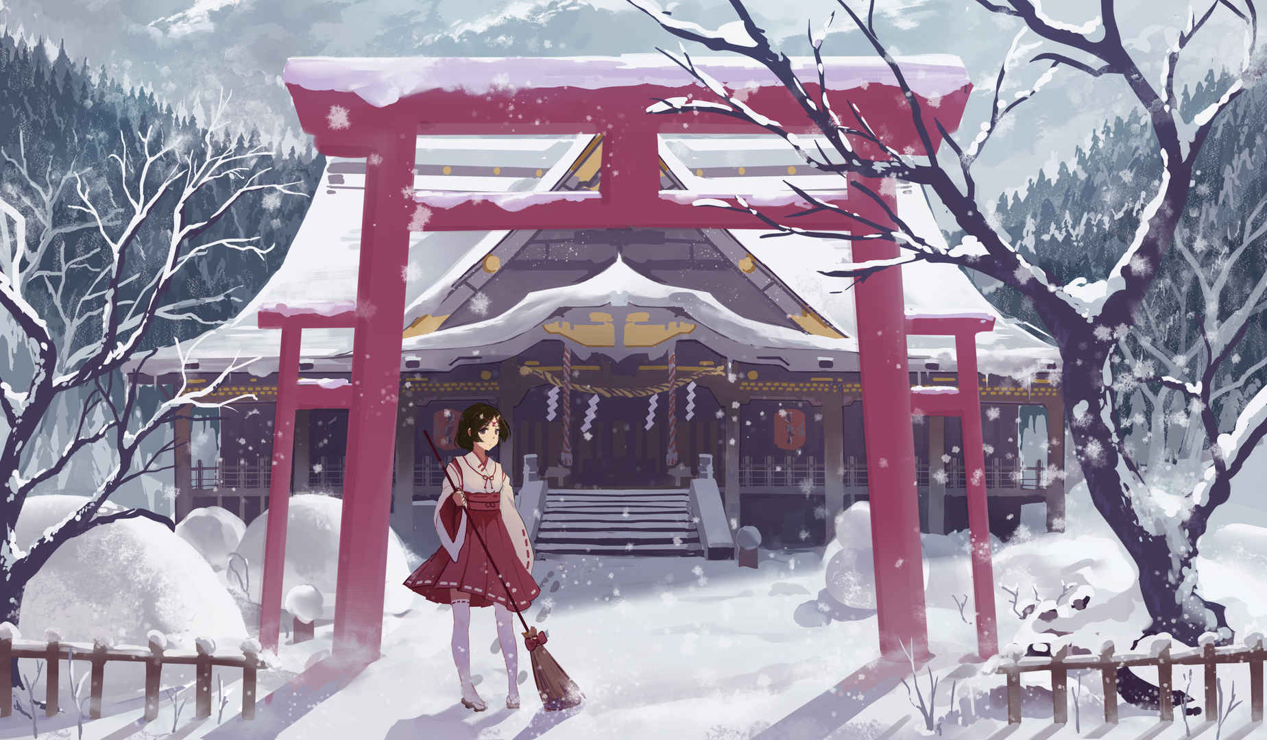 扫雪的小女孩 ѩ 寺庙 寺院 动漫图片