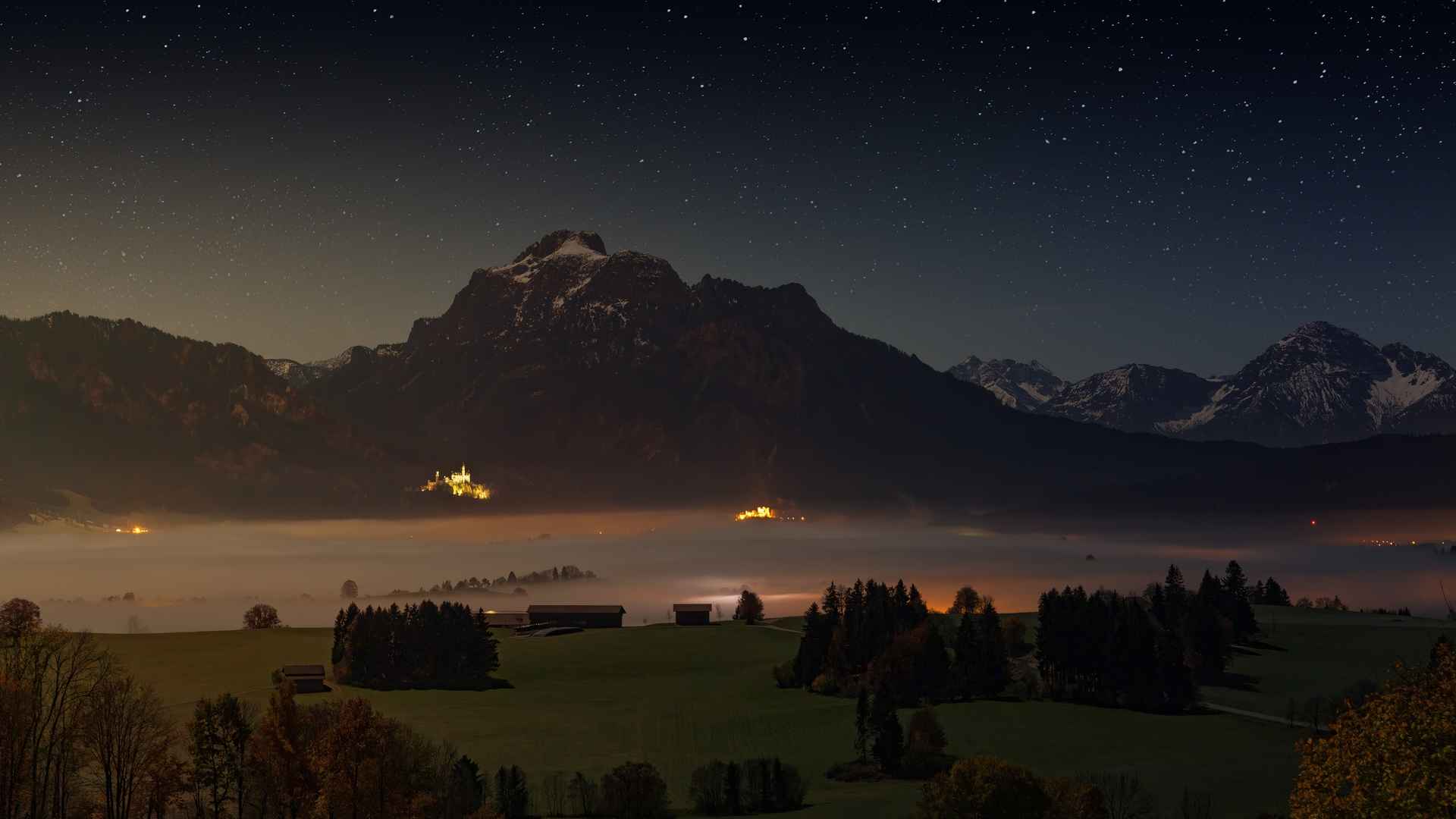 阿尔高 晚上 高山 福尔根湖湖 夜间 雾 5k风景壁纸