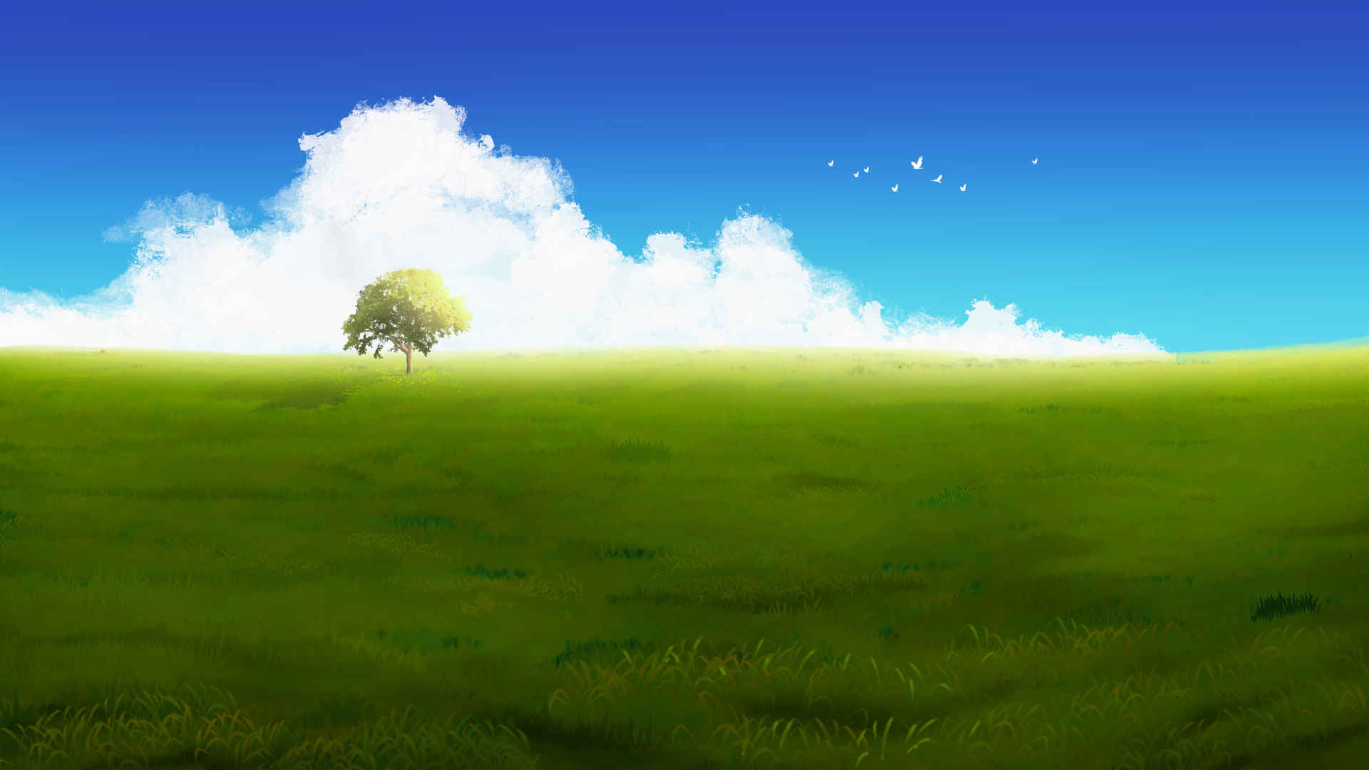 清新风景蓝天白云绿色草地树4K桌面壁纸